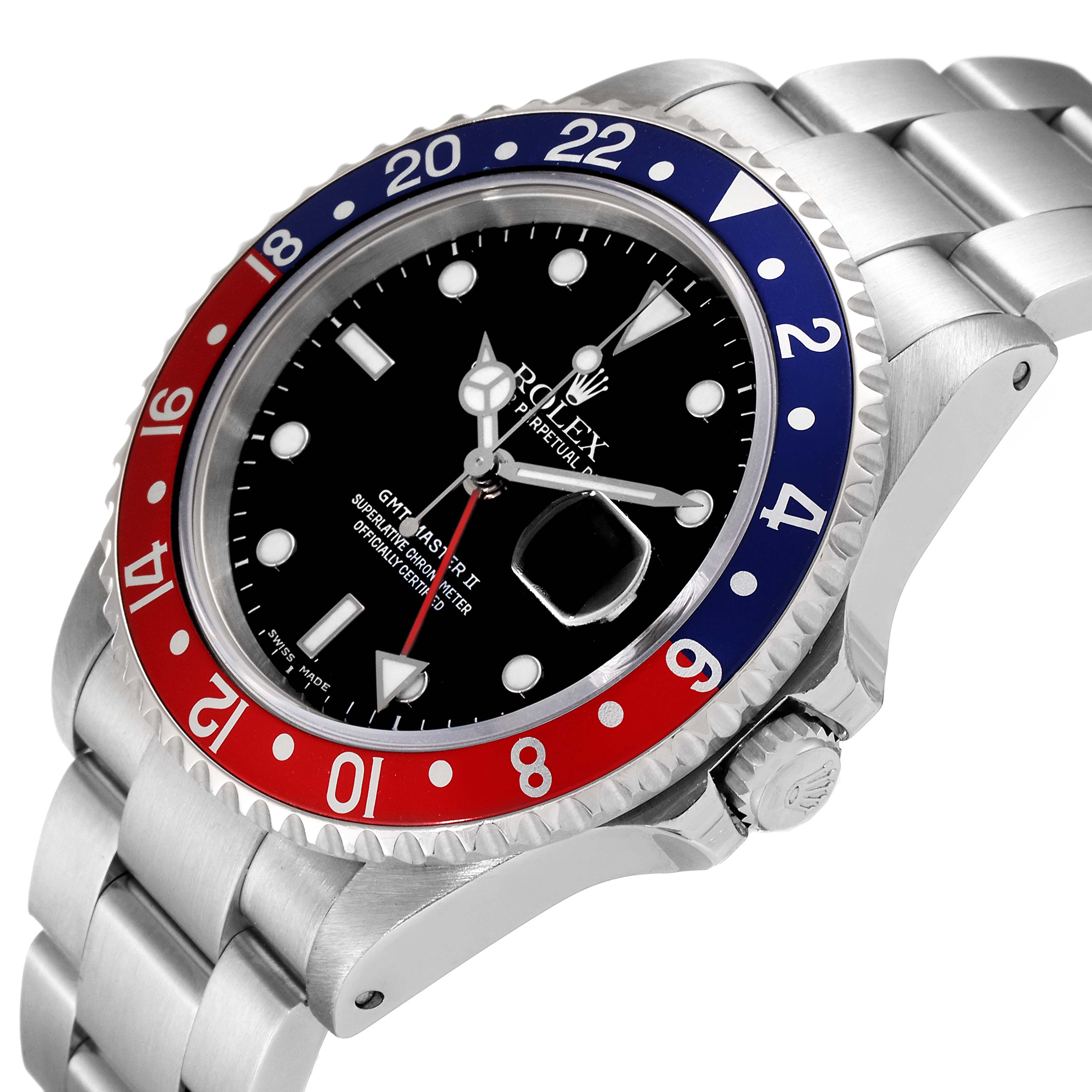 The image shows a Rolex GMT-Master 16710 Men
s Stainless Steel Black Dial 16710 Men
s Stainless Steel Black Dial watch at a slight angle, highlighting its dial, bezel, crown, and part of its bracelet.