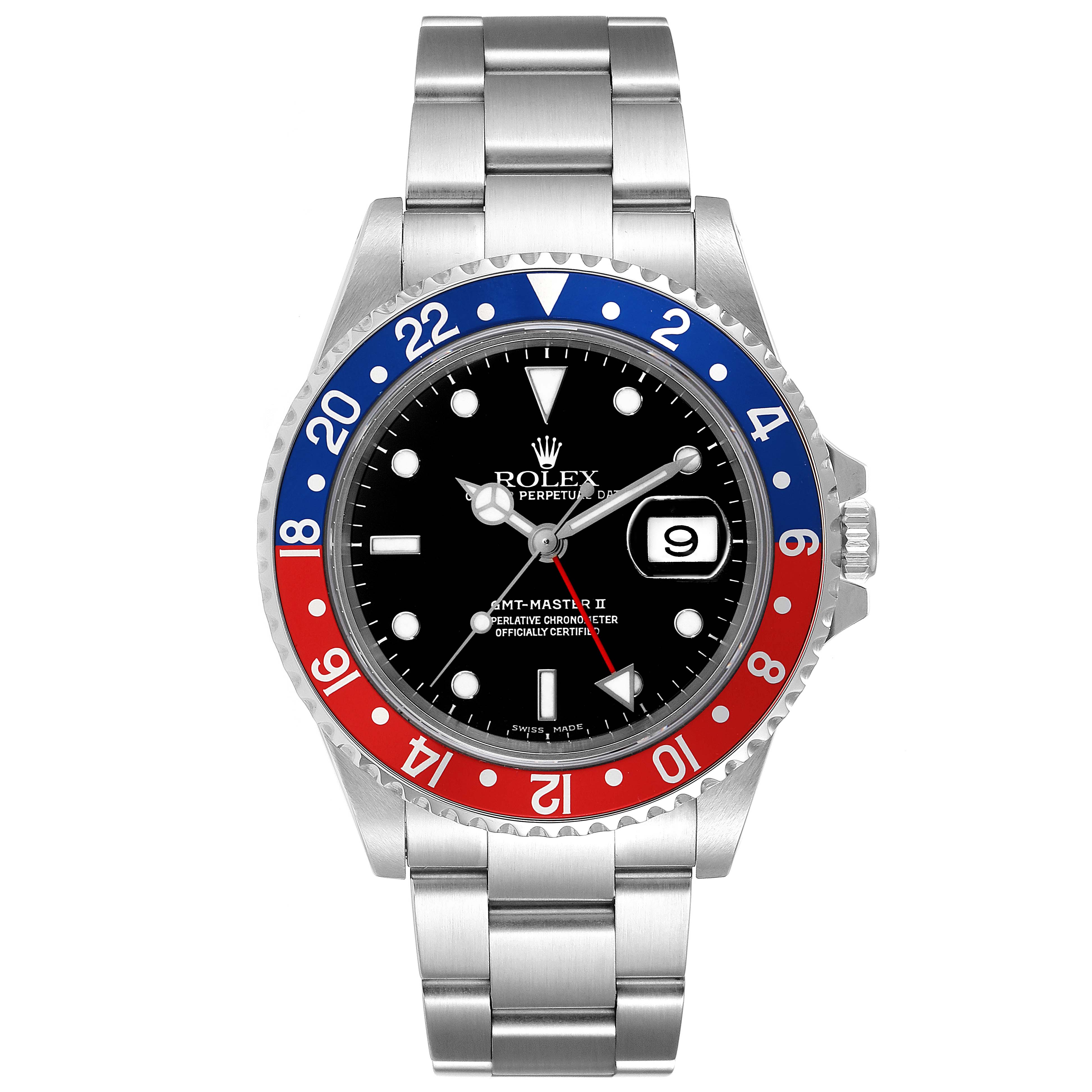 The image shows a front view of a Rolex GMT-Master 16710 Men
s Stainless Steel Black Dial 16710 Men
s Stainless Steel Black Dial II watch, displaying the face, bezel, crown, and bracelet.