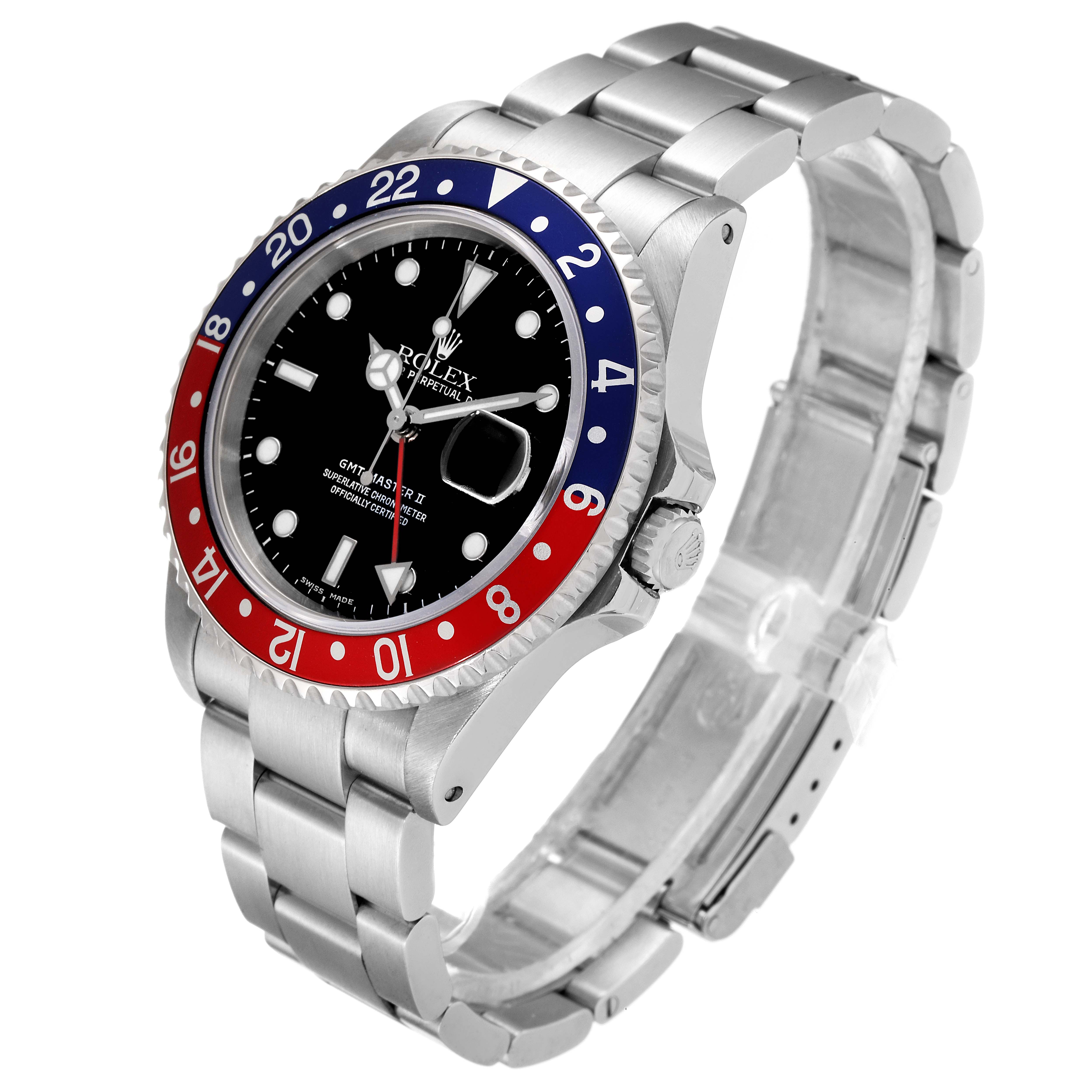 The image shows a Rolex GMT-Master 16710 Men
s Stainless Steel Black Dial 16710 Men
s Stainless Steel Black Dial watch at a three-quarter angle, displaying the bezel, dial, bracelet, and clasp.