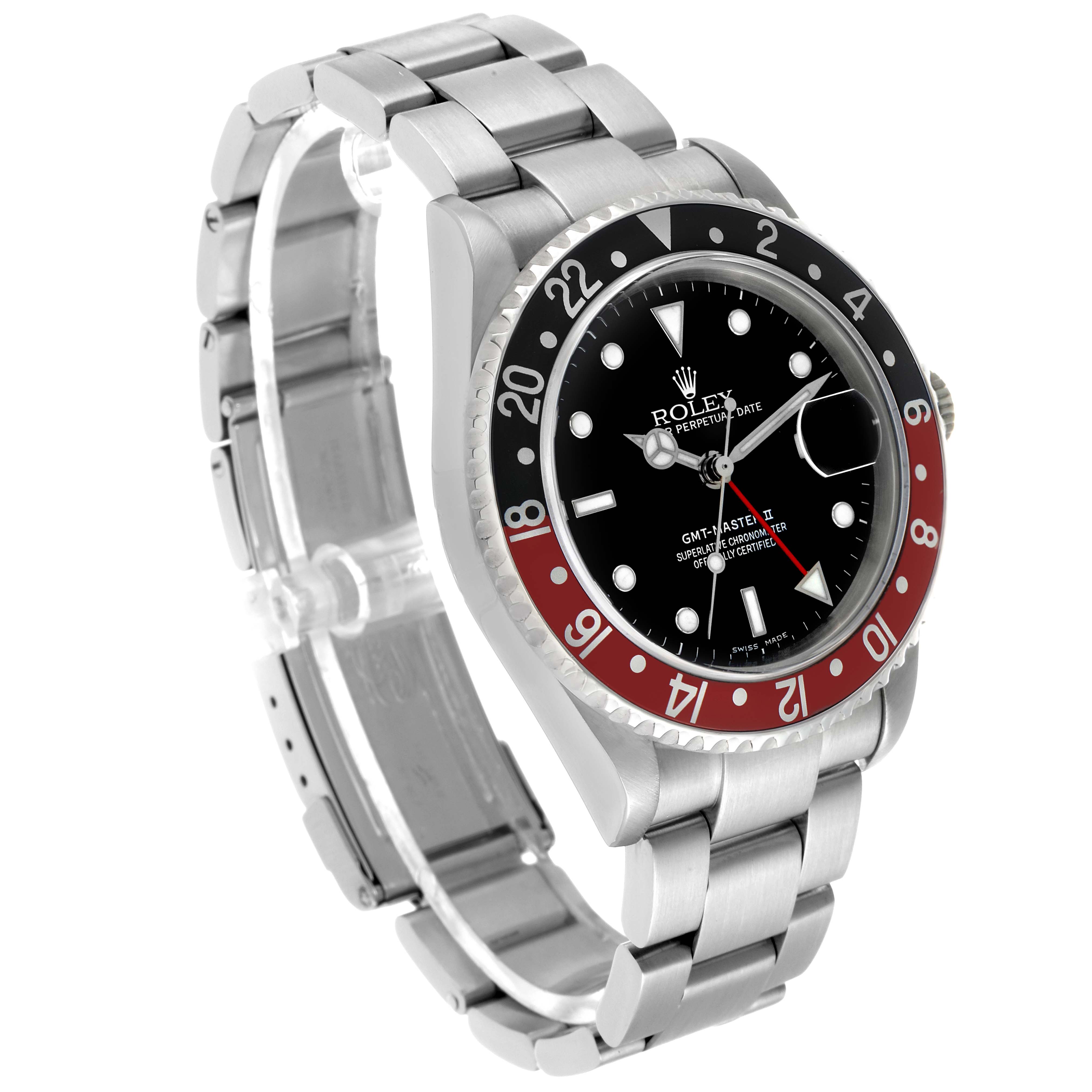 The Rolex GMT-Master 16710 Men's Stainless Steel Black Dial watch is shown at a three-quarter angle, highlighting the bezel, dial, and bracelet.