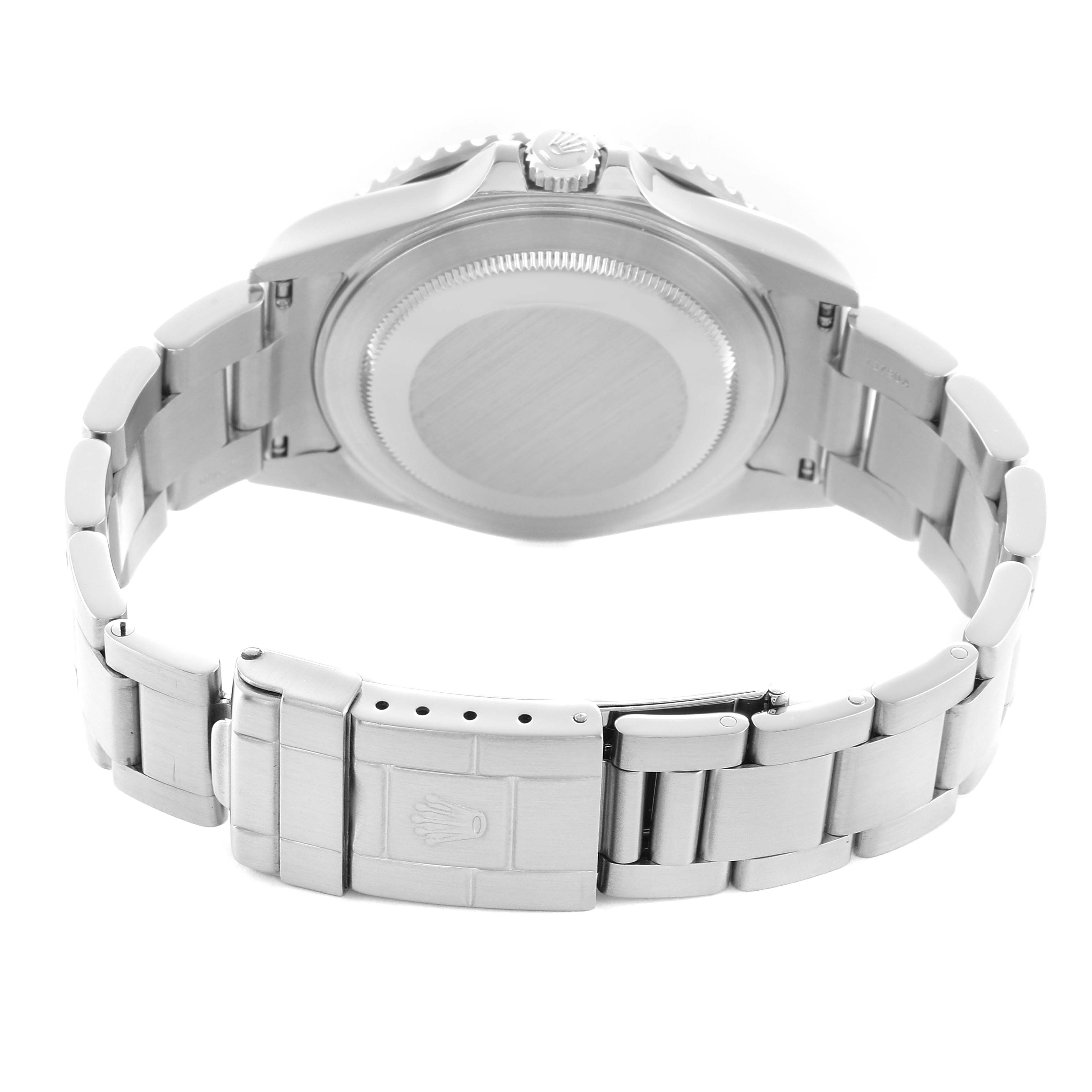 The image shows the Rolex GMT-Master 16710 Men's Stainless Steel Black Dial watch from the back, highlighting the case back, bracelet, and clasp.