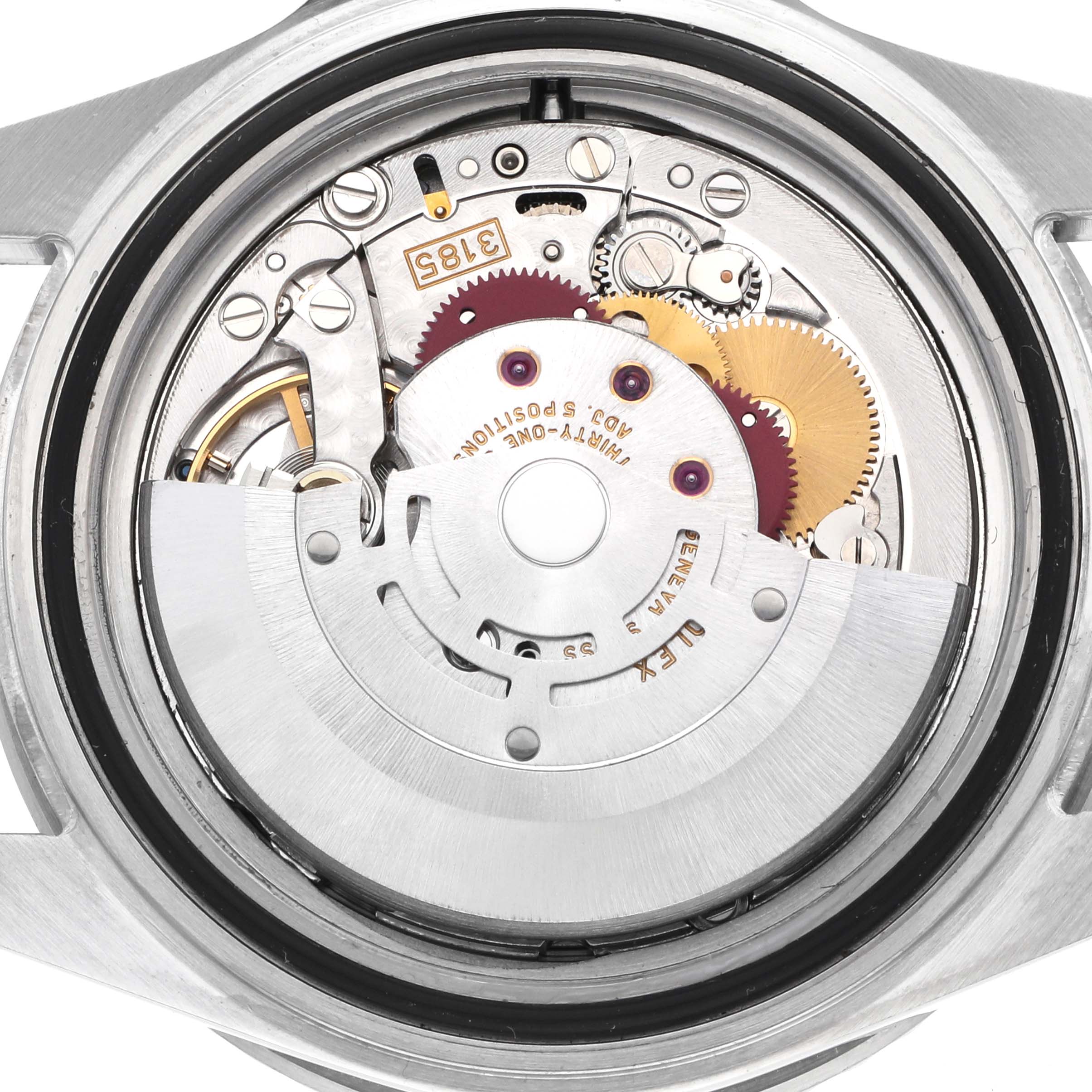 The image shows the movement mechanism of a Rolex GMT-Master 16710 Men's Stainless Steel Black Dial from the back, highlighting gears and components.