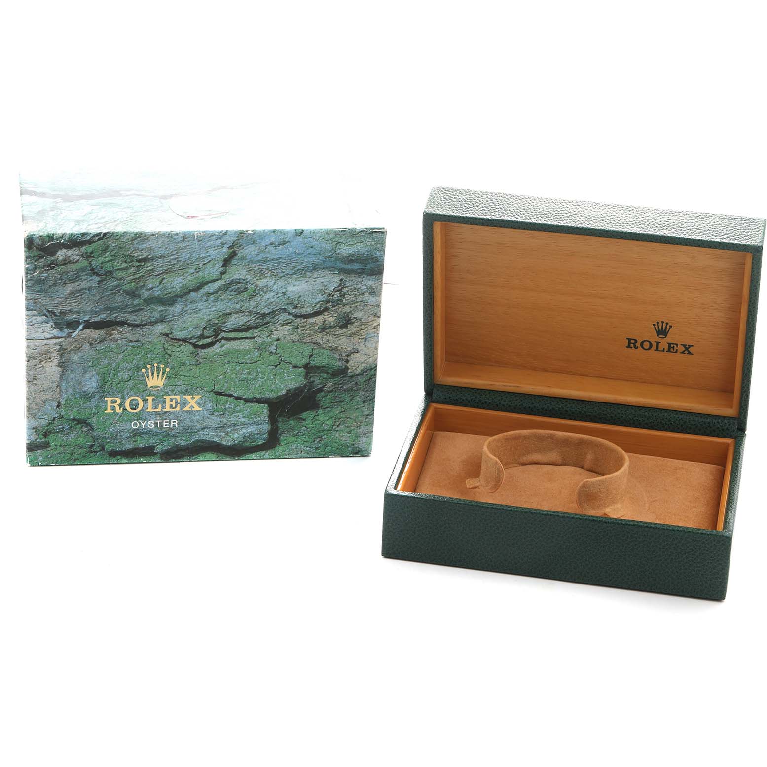 The image shows the packaging and open presentation box for a Rolex GMT-Master 16710 Men's Stainless Steel Black Dial watch, without the watch inside.