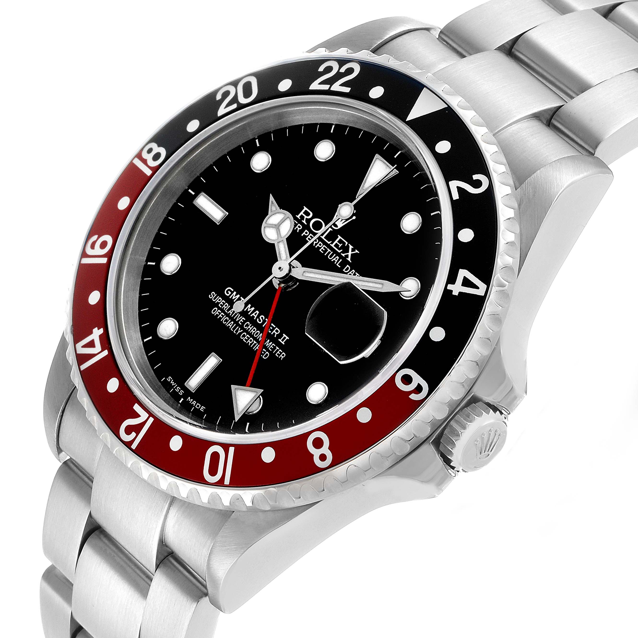 The Rolex GMT-Master 16710 Men's Stainless Steel Black Dial watch is shown at a dynamic angle highlighting the bezel, dial, bracelet, and crown.