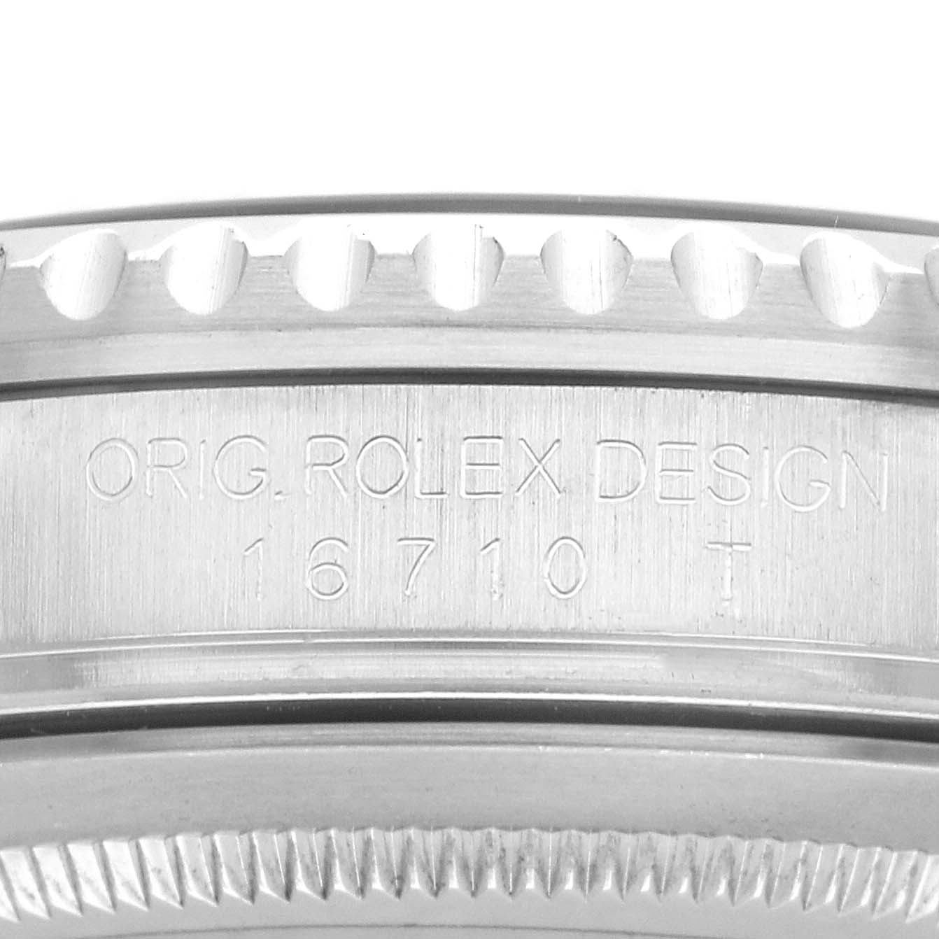The image shows a close-up of the side, showcasing the case engraving of the Rolex GMT-Master 16710 Men's Stainless Steel Black Dial model.