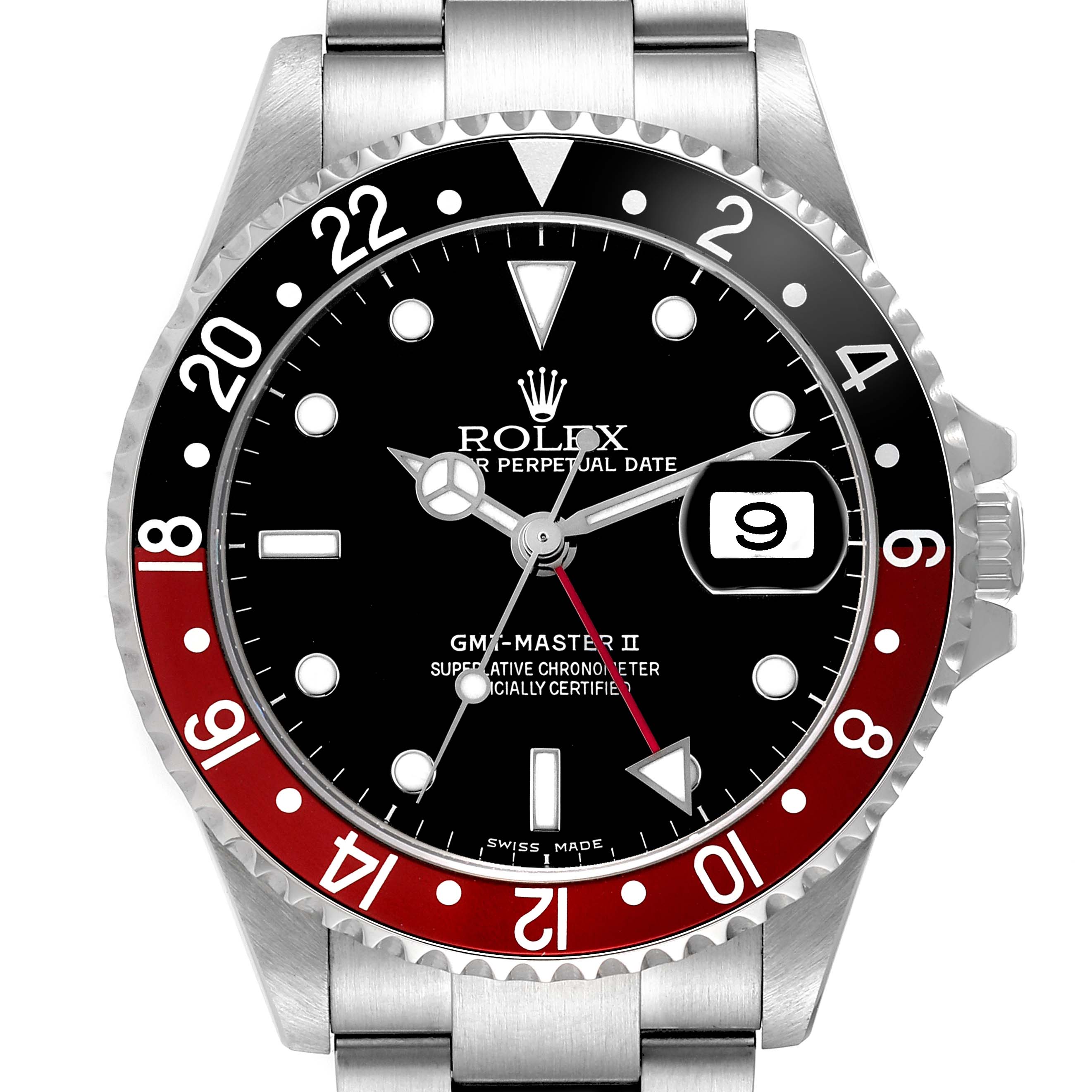 The image shows a front view of a Rolex GMT-Master 16710 Men's Stainless Steel Black Dial II watch, highlighting its bezel, dial, and bracelet.