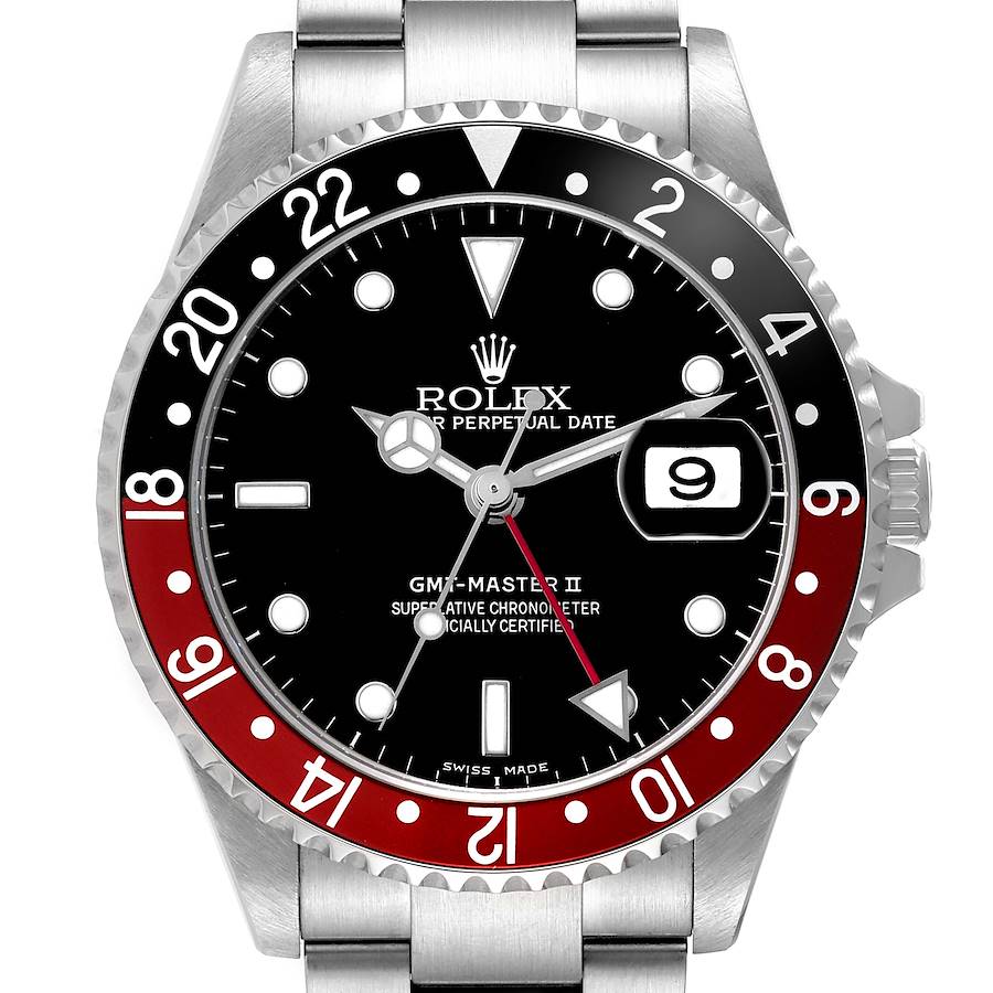 The image shows a front view of a Rolex GMT-Master 16710 Men's Stainless Steel Black Dial II watch, highlighting its bezel, dial, and bracelet.