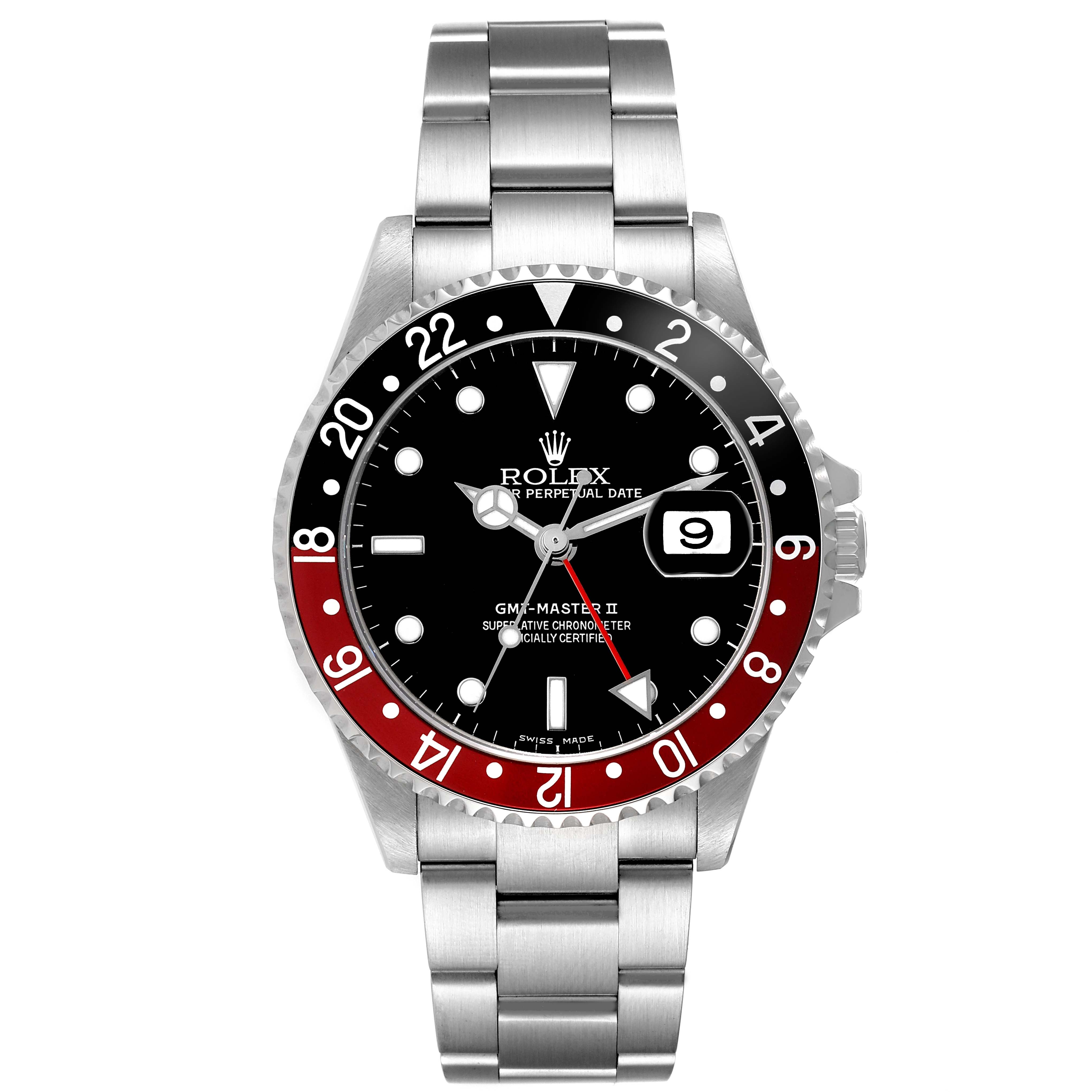 The Rolex GMT-Master 16710 Men's Stainless Steel Black Dial watch is shown from the front, displaying its bezel, dial, hands, and bracelet.