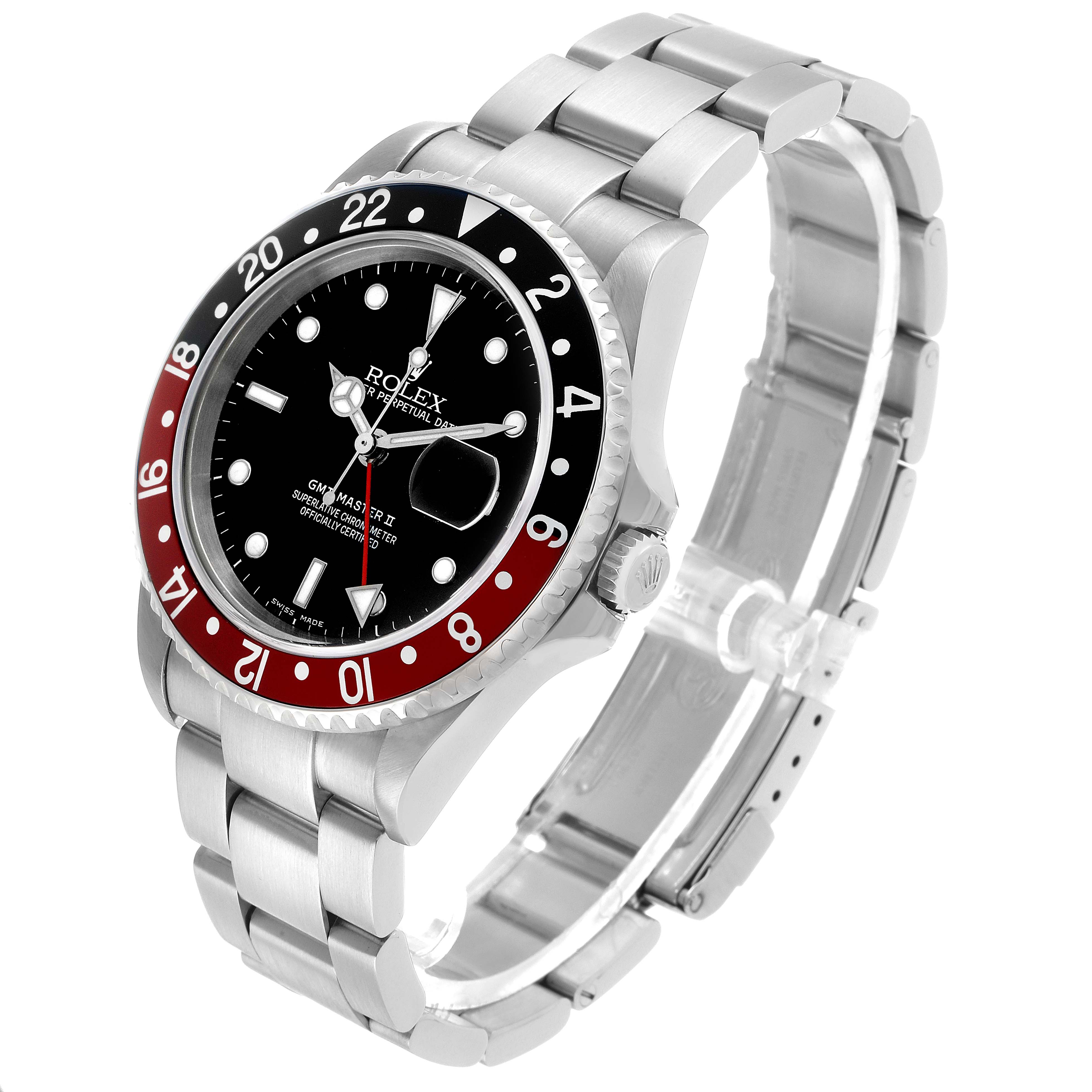The Rolex GMT-Master 16710 Men's Stainless Steel Black Dial watch is shown at a three-quarter angle, displaying the bezel, dial, crown, and bracelet.