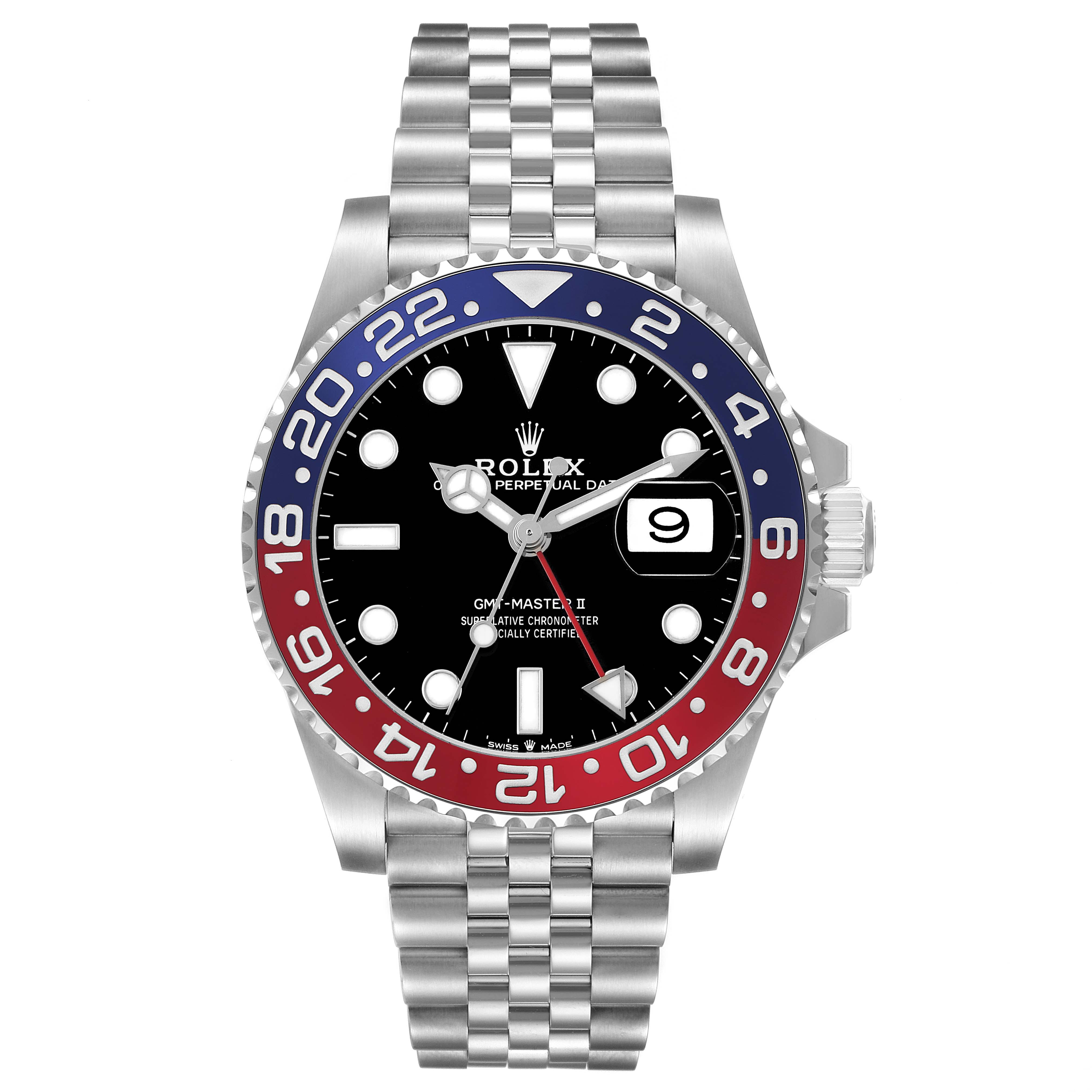 The image shows a frontal view of a Rolex GMT-Master 126710 Men's Stainless Steel Black Dial watch, highlighting the bezel, dial, bracelet, and date window.