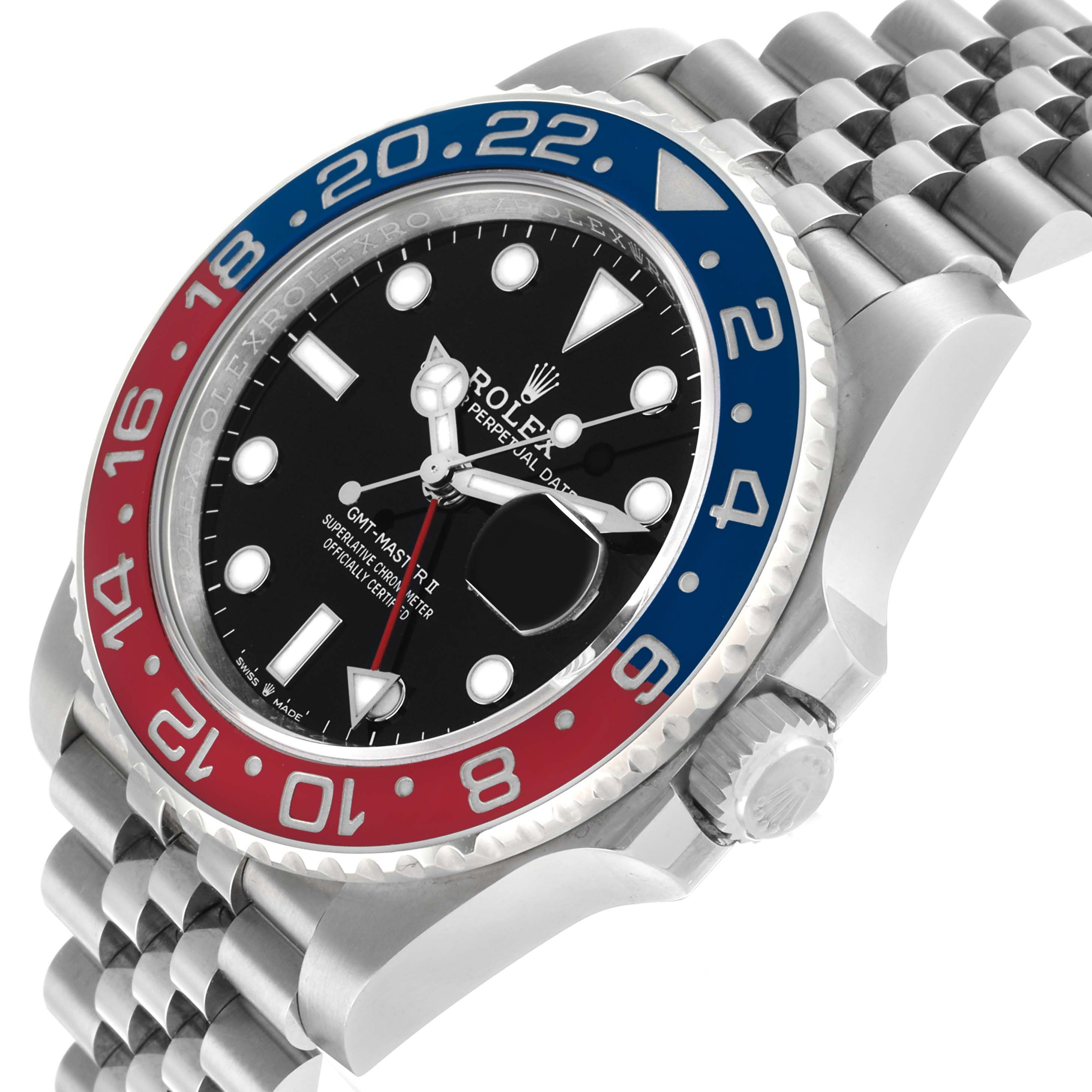 The Rolex GMT-Master 126710 Men's Stainless Steel Black Dial watch is shown from an angled side view, highlighting the bezel, crown, dial, and part of the bracelet.