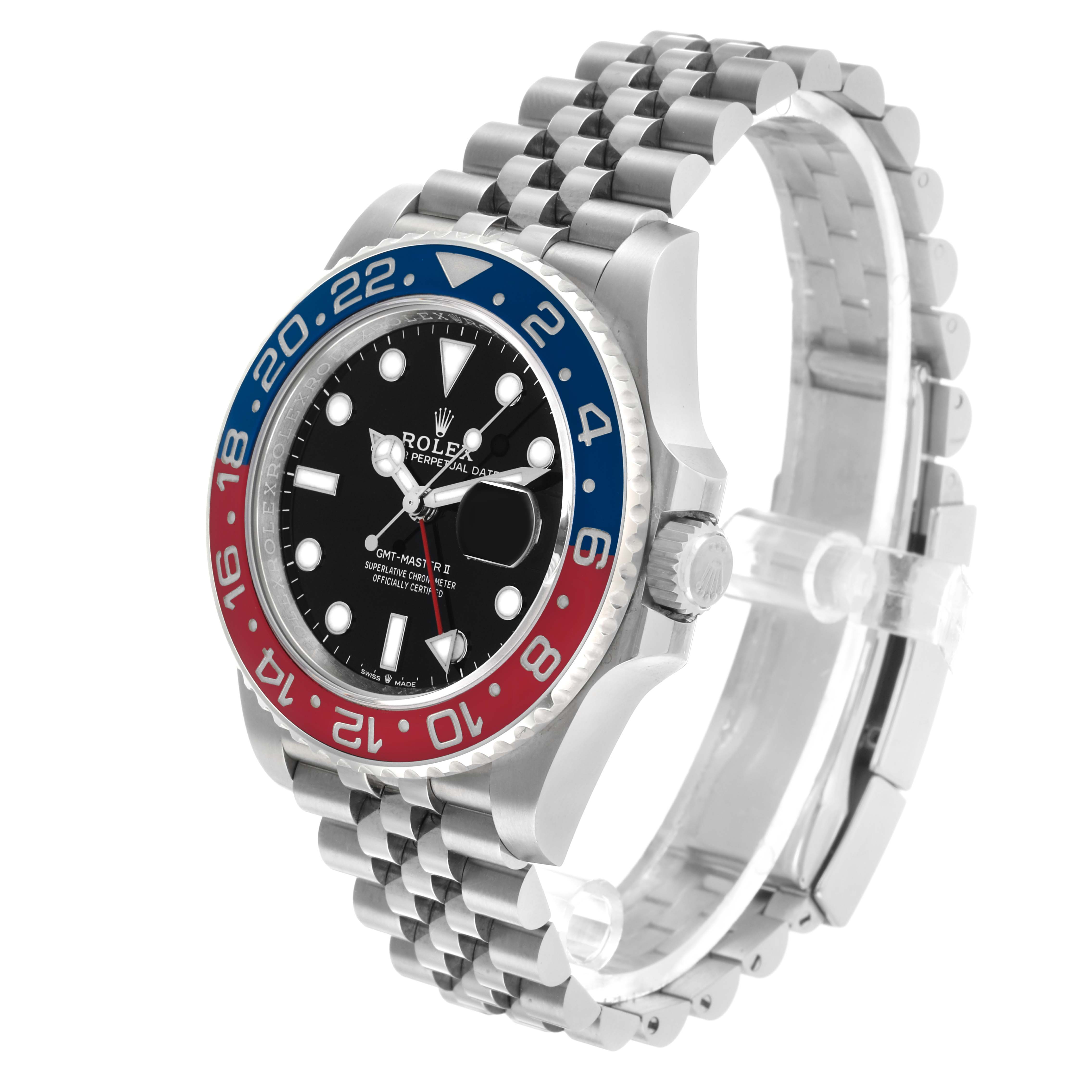 The Rolex GMT-Master 126710 Men's Stainless Steel Black Dial watch is shown at a three-quarter angle, highlighting the bezel, dial, crown, and Jubilee bracelet.