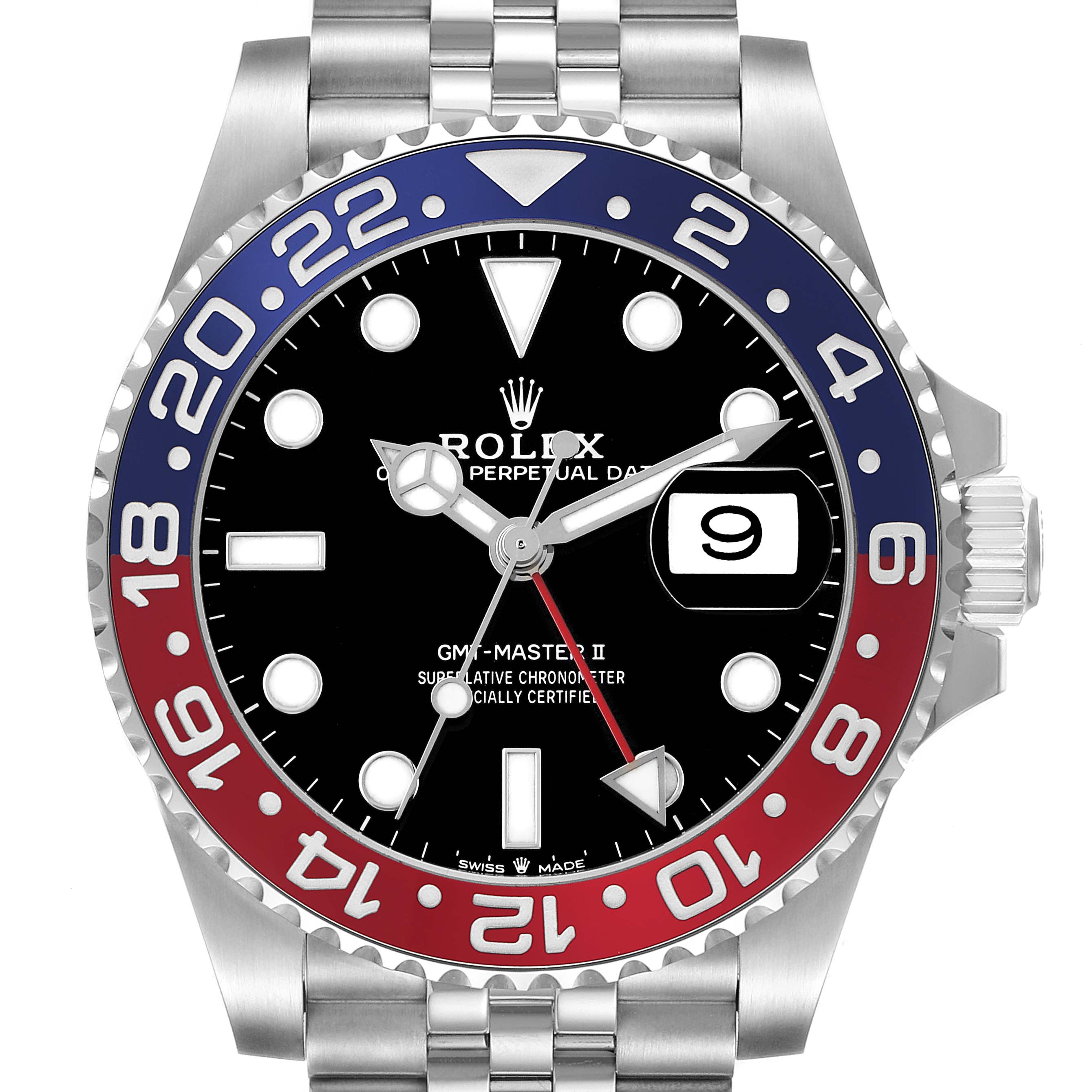 The Rolex GMT-Master 126710 Men's Stainless Steel Black Dial watch is shown front-on, displaying the bezel, dial, hands, and part of the bracelet.