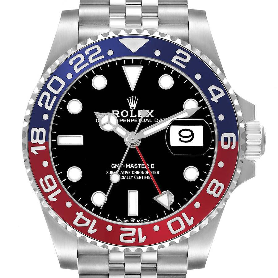 The Rolex GMT-Master 126710 Men's Stainless Steel Black Dial watch is shown front-on, displaying the bezel, dial, hands, and part of the bracelet.