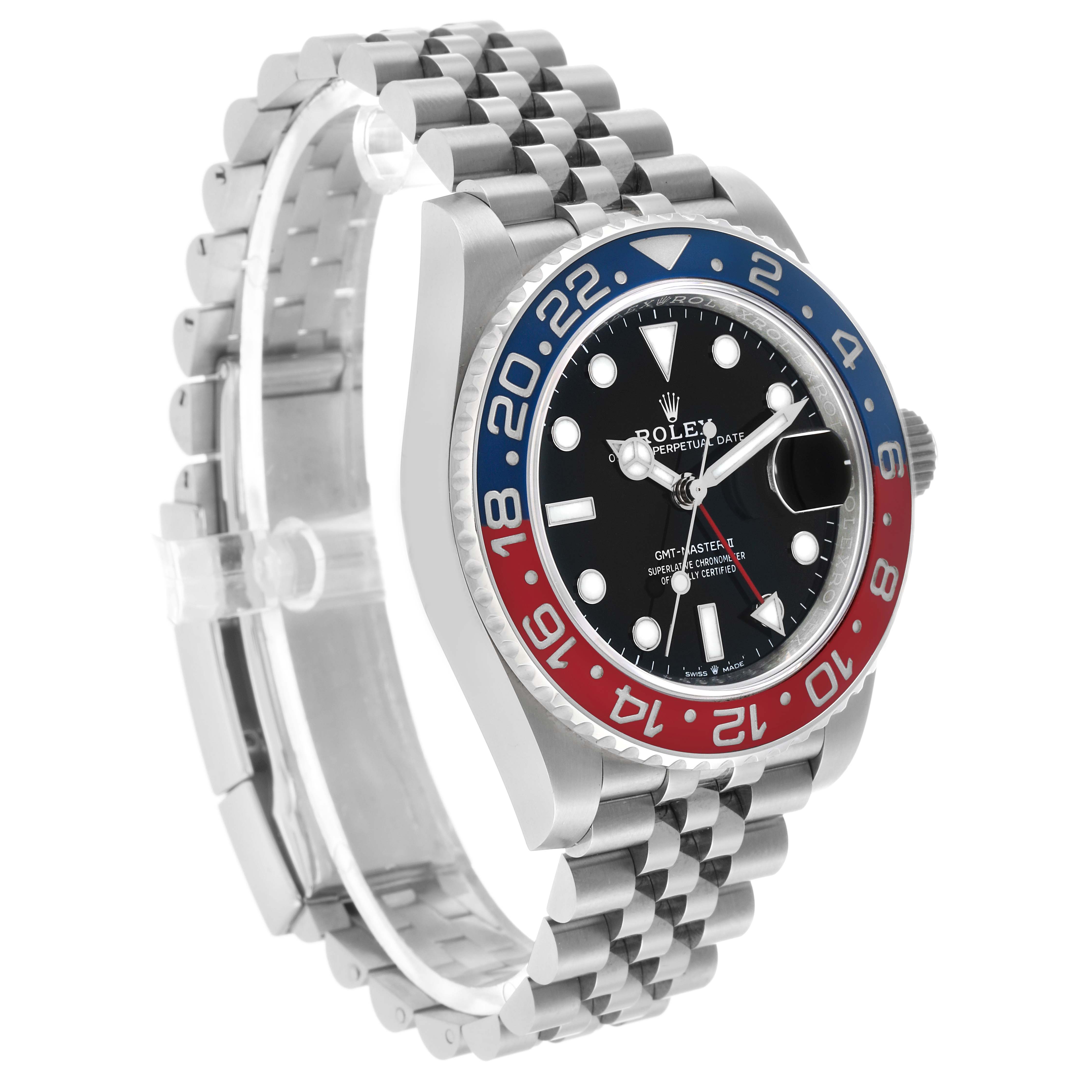 The Rolex GMT-Master 126710 Men's Stainless Steel Black Dial watch is shown at a three-quarter angle, highlighting the bezel, dial, and bracelet.