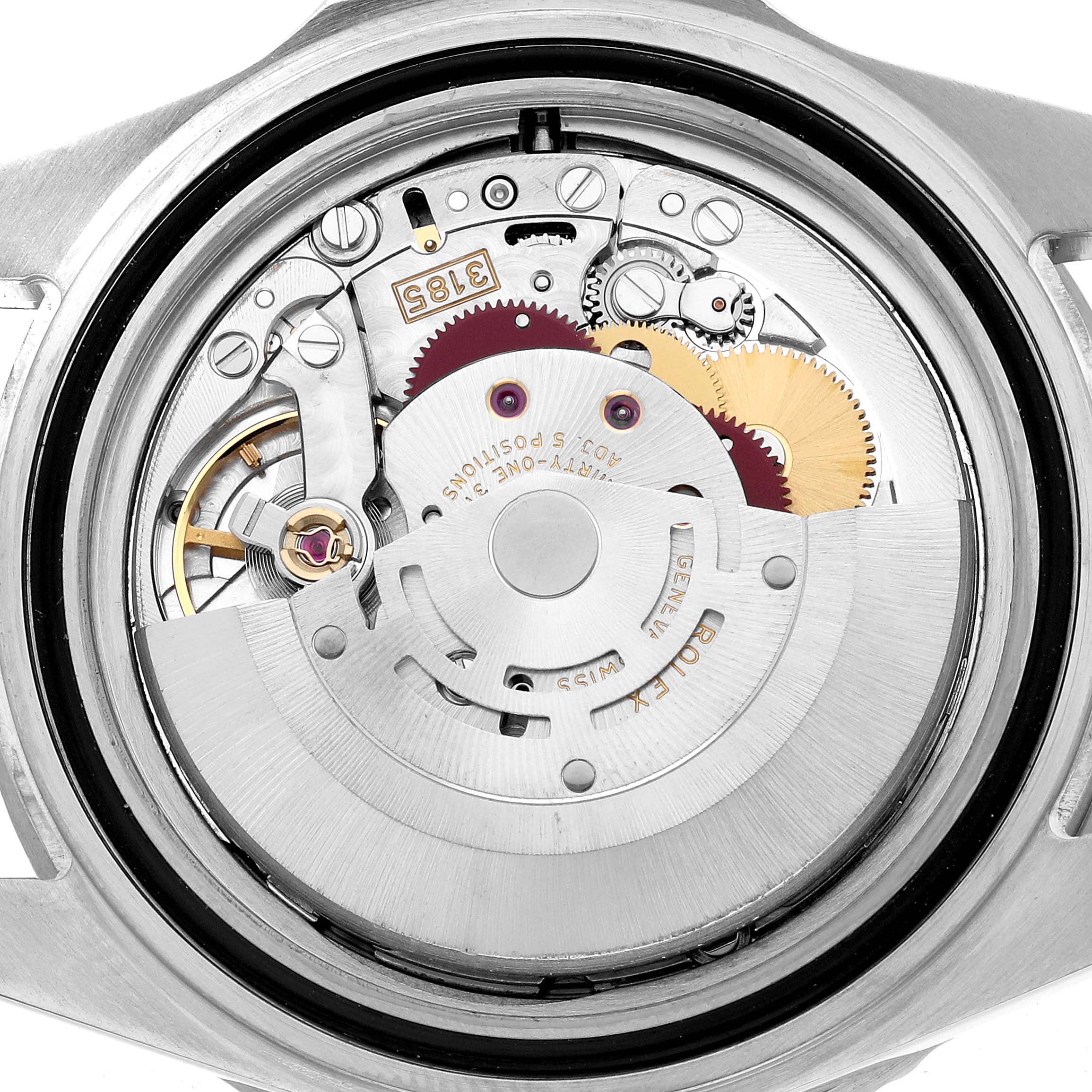 The image shows the back of a Rolex GMT-Master 16710 Men's Stainless Steel Black Dial watch, featuring its intricate internal movement parts.