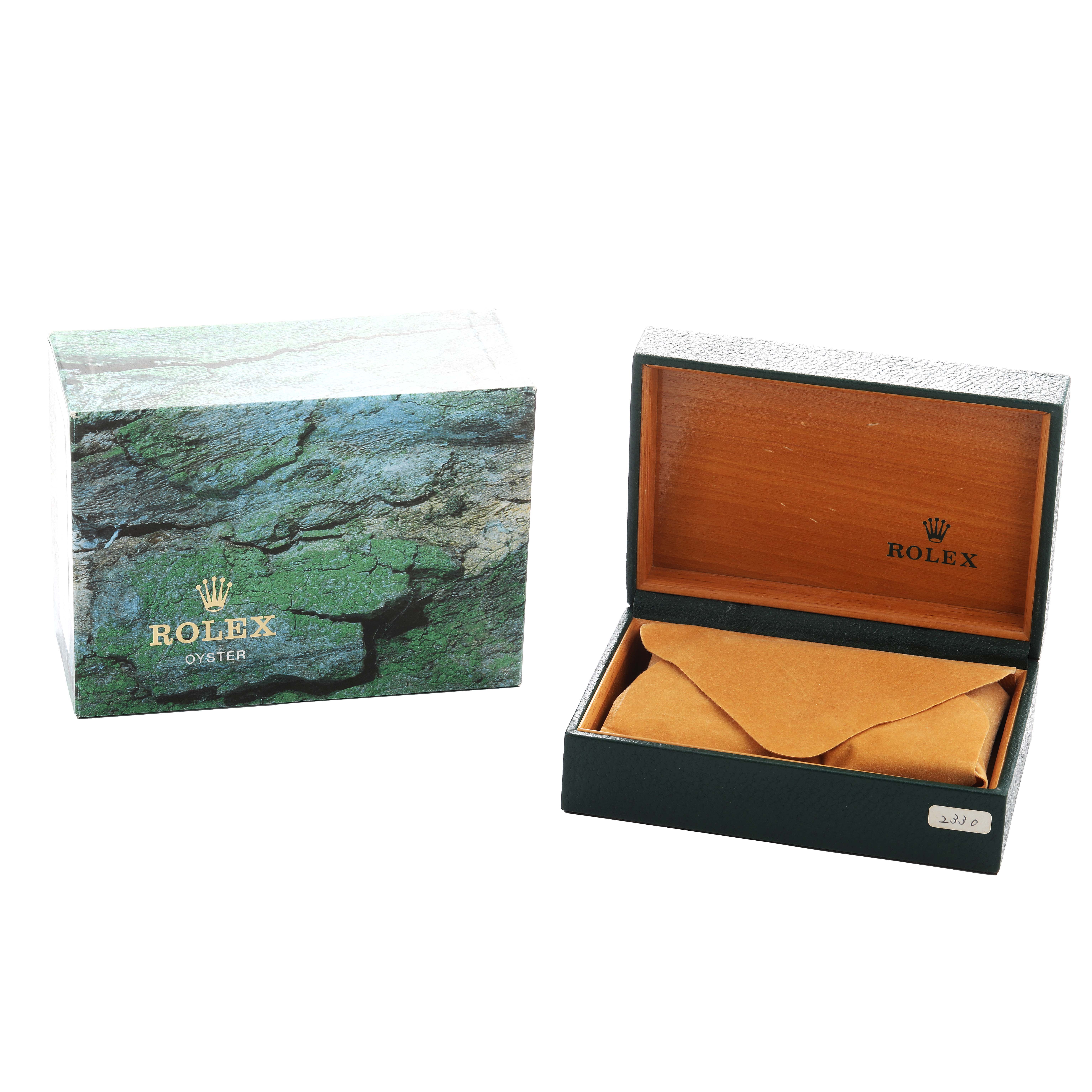 The image shows a Rolex GMT-Master 16710 Men's Stainless Steel Black Dial watch box set, including an outer box and an open inner box with a pouch inside.