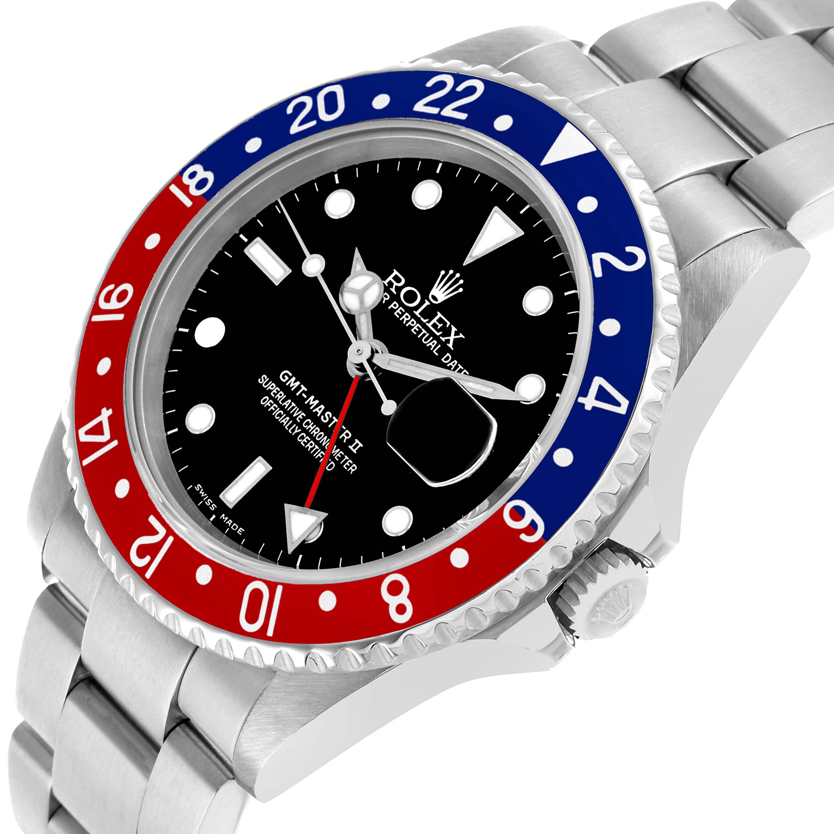 The Rolex GMT-Master 16710 Men's Stainless Steel Black Dial watch is shown at an angle displaying the dial, bezel, and steel bracelet.