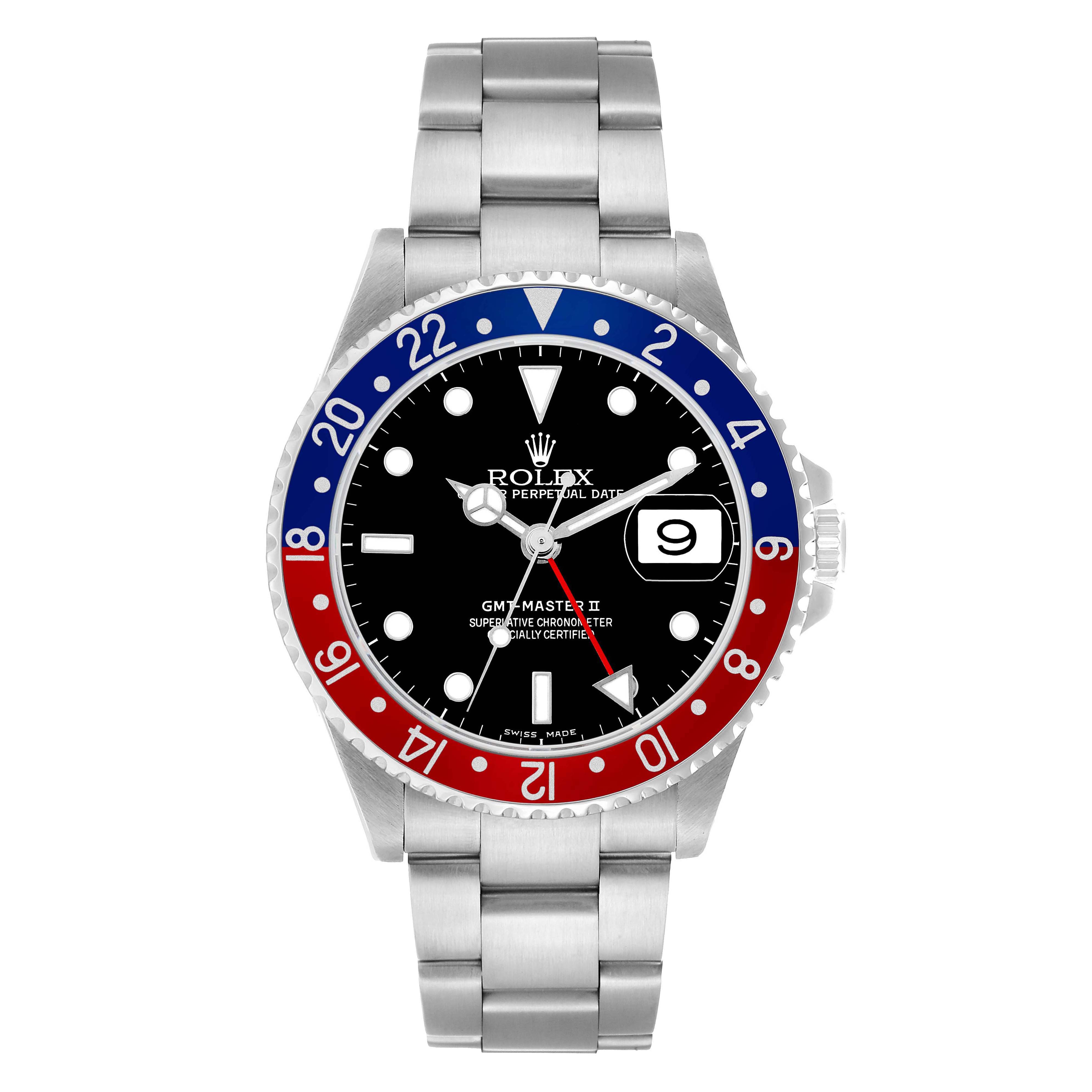 The Rolex GMT-Master 16710 Men's Stainless Steel Black Dial II watch is shown from the front, displaying the bezel, dial, hands, and bracelet.