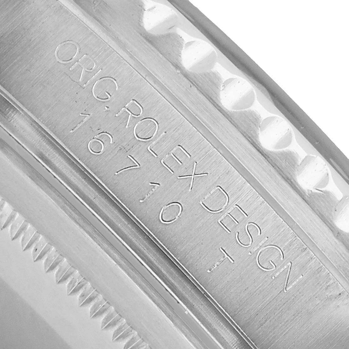 The close-up image shows the engraved side of the Rolex GMT-Master 16710 Men's Stainless Steel Black Dial case with "ORIG ROLEX DESIGN 16710 T".