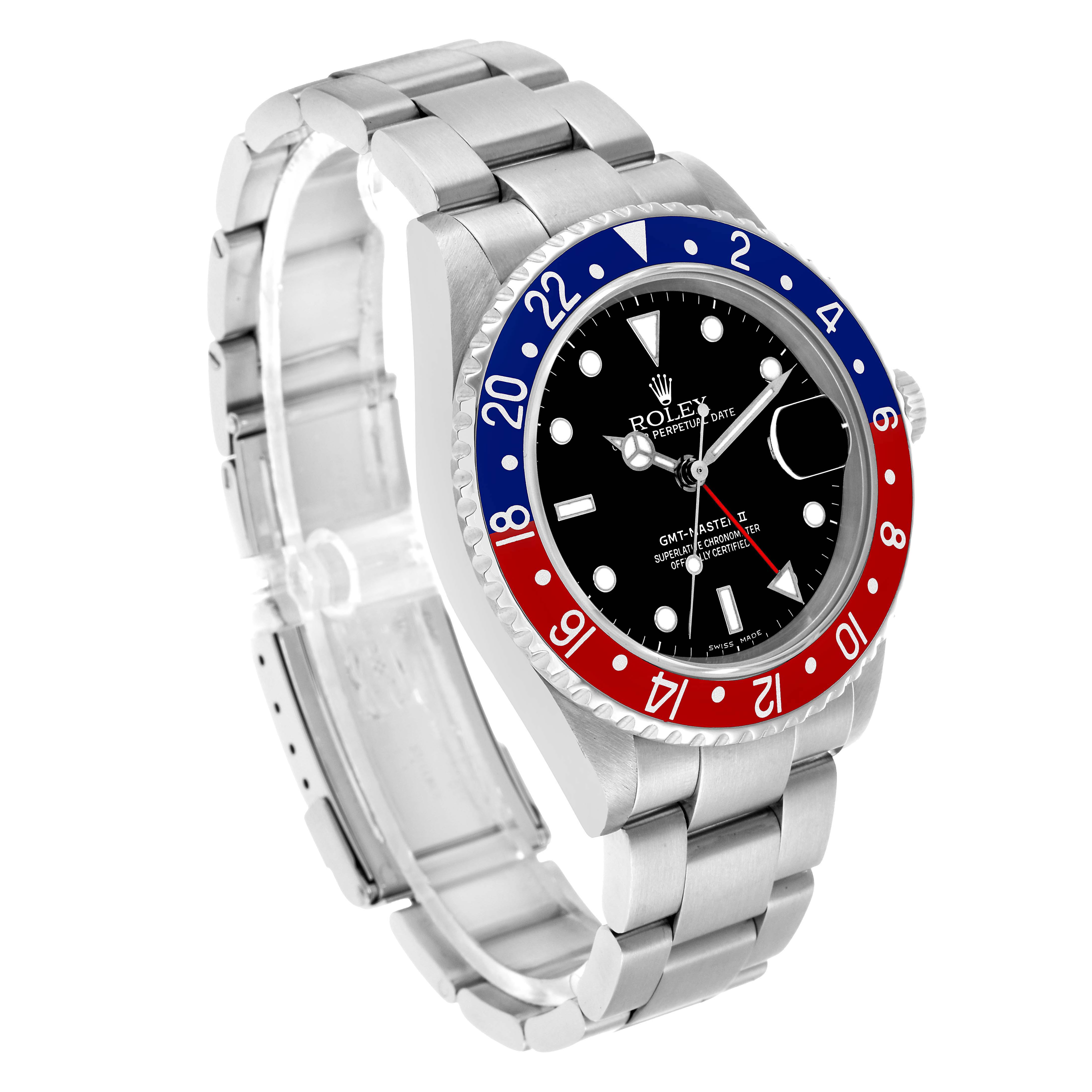 The Rolex GMT-Master 16710 Men's Stainless Steel Black Dial watch is shown at a three-quarter angle, highlighting the bezel, dial, and part of the bracelet.