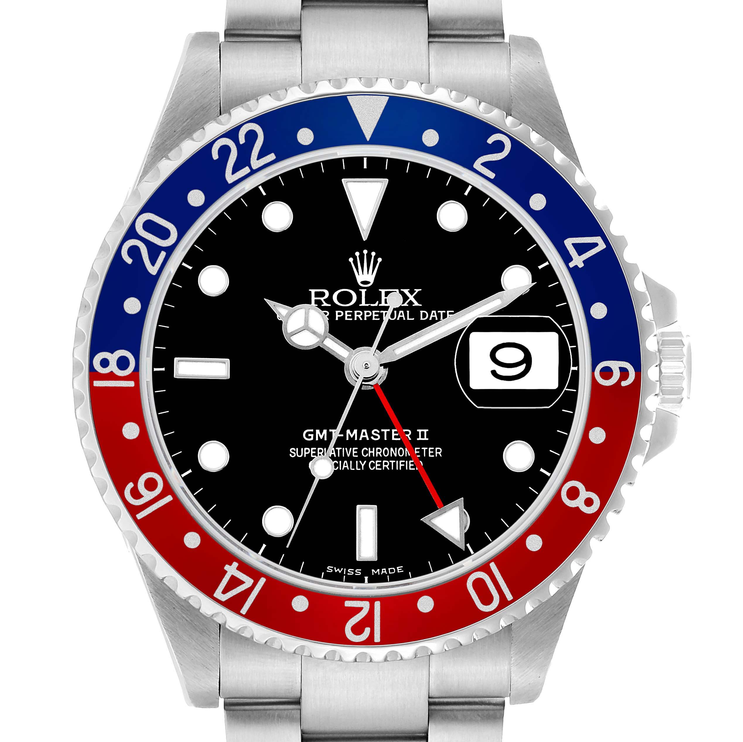 The Rolex GMT-Master 16710 Men's Stainless Steel Black Dial watch is shown from the front, highlighting its bezel, dial, and date display.
