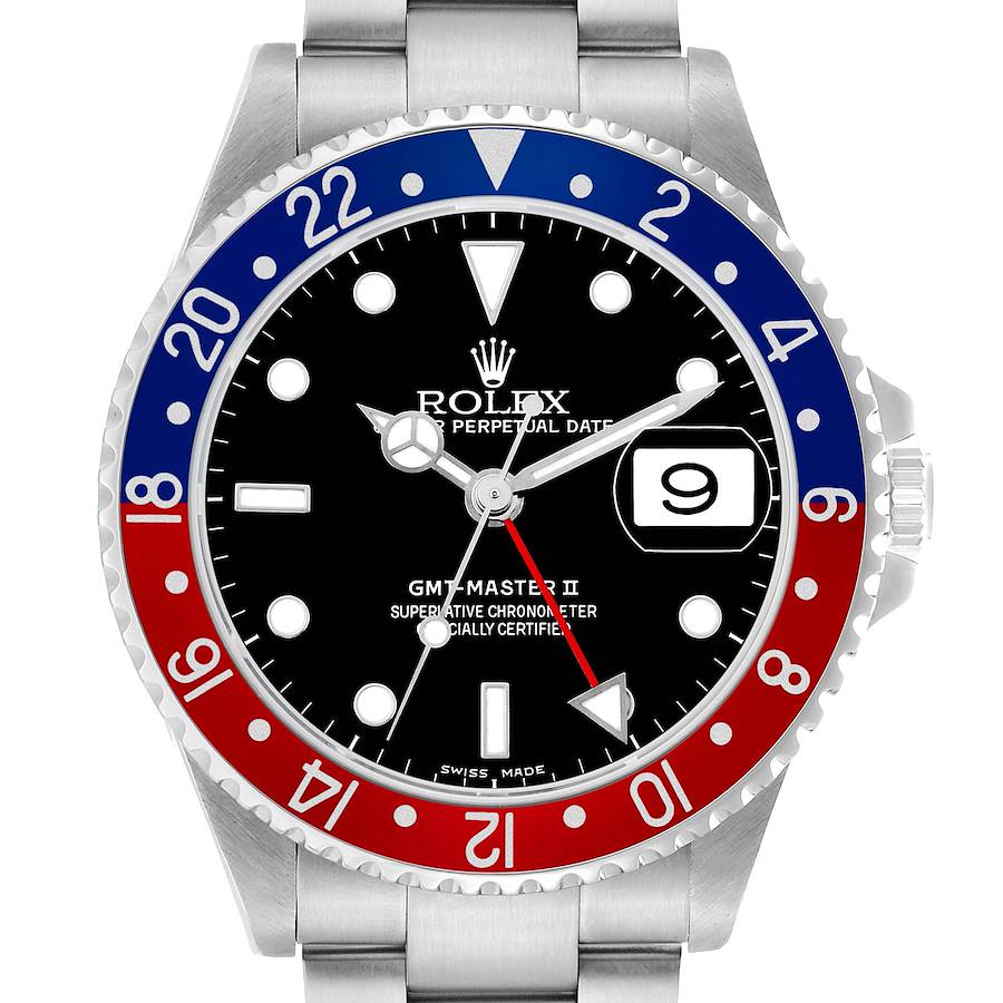The Rolex GMT-Master 16710 Men's Stainless Steel Black Dial watch is shown from the front, highlighting its bezel, dial, and date display.