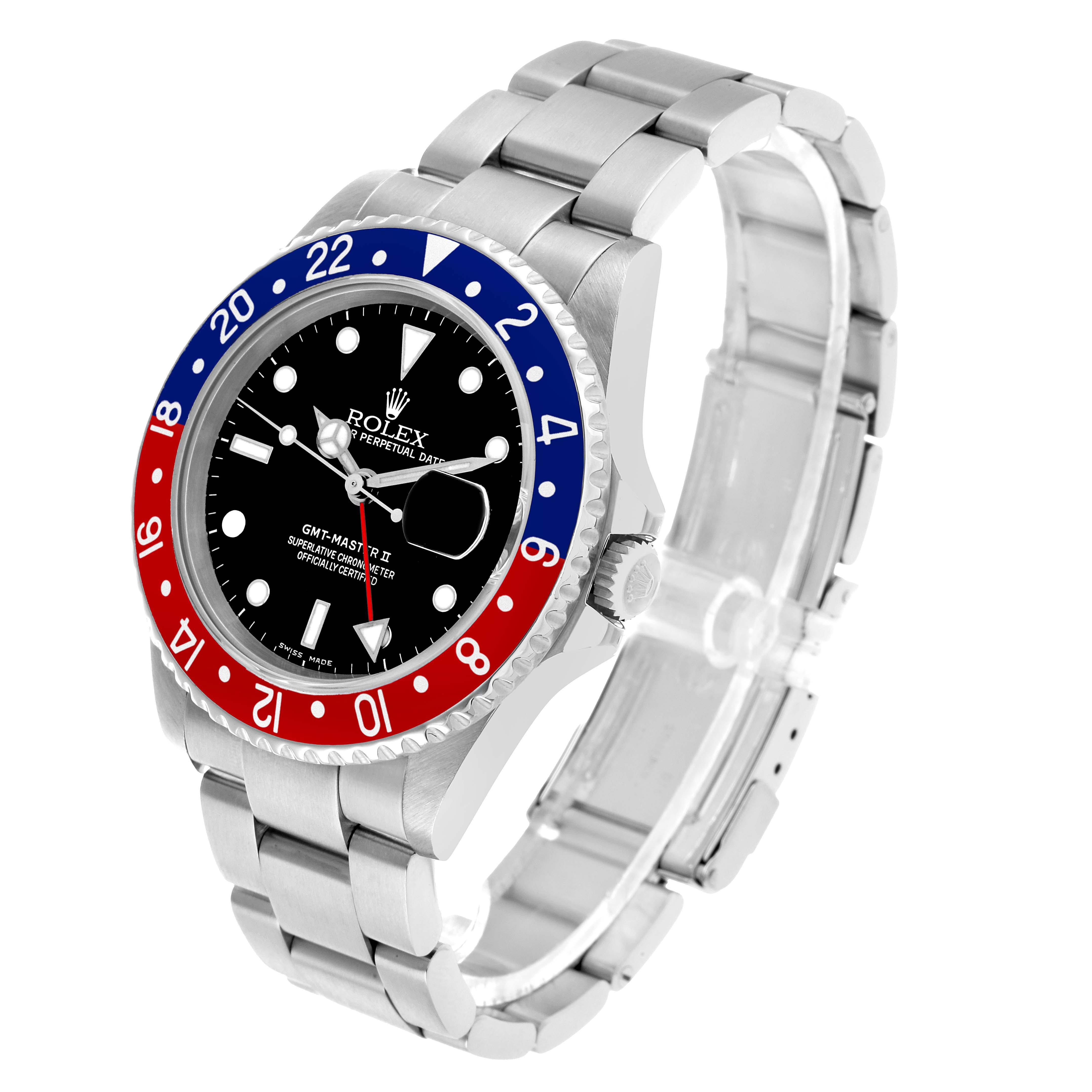 The Rolex GMT-Master 16710 Men's Stainless Steel Black Dial watch is shown at an angle displaying the face, bezel, crown, and bracelet.