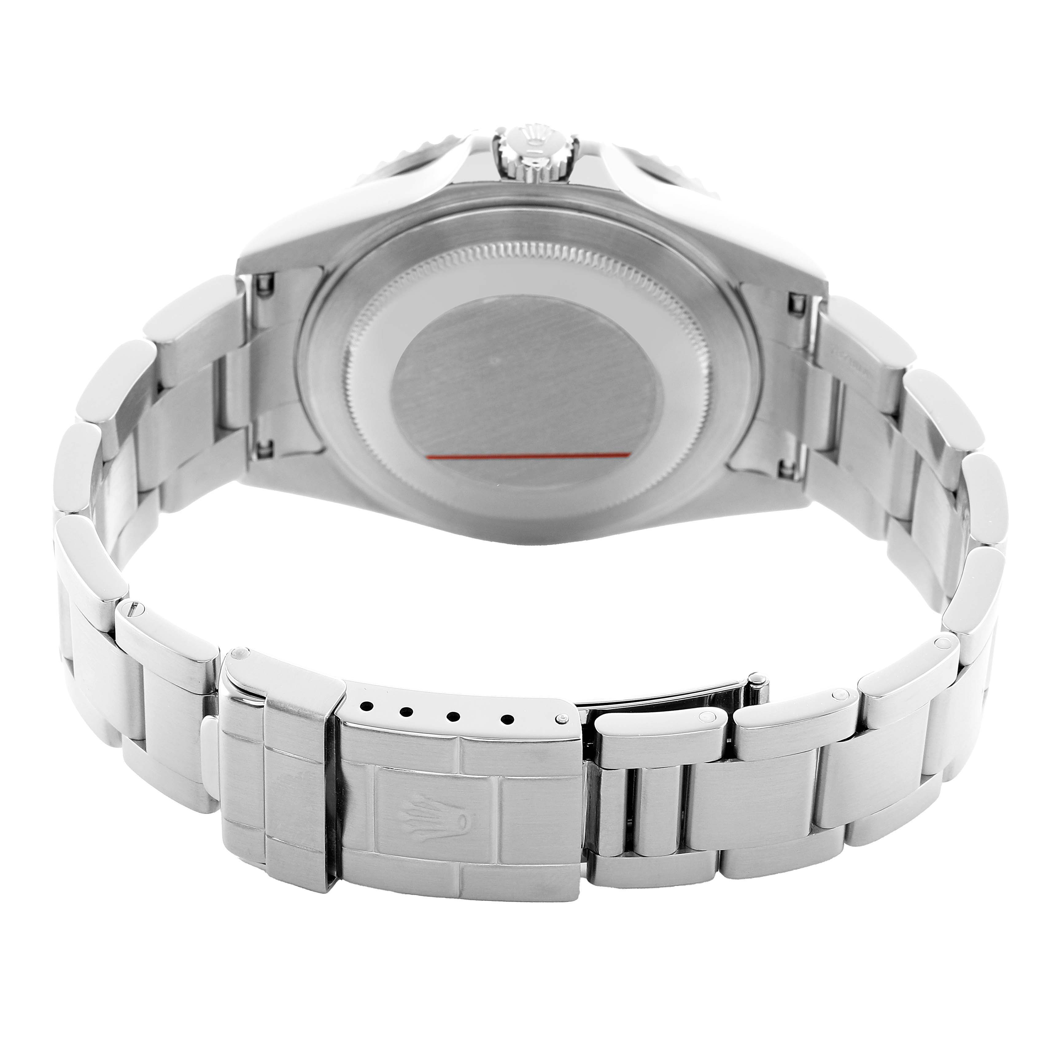 The image shows the back and bracelet of a Rolex GMT-Master 16710 Men's Stainless Steel Black Dial, highlighting the case back and clasp.