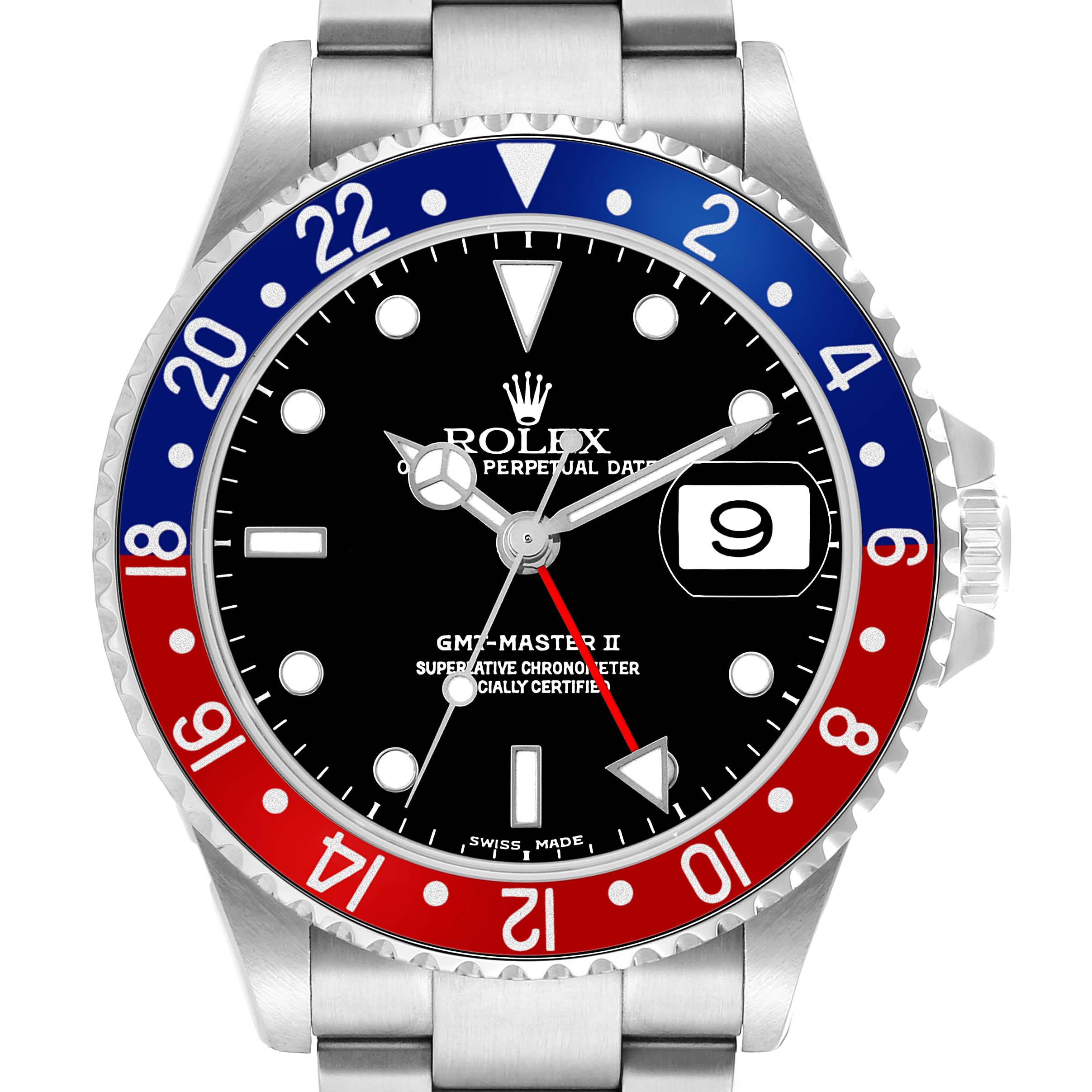 The image shows a front view of the Rolex GMT-Master 16710 Men's Stainless Steel Black Dial II watch, highlighting the bezel, dial, and hands.