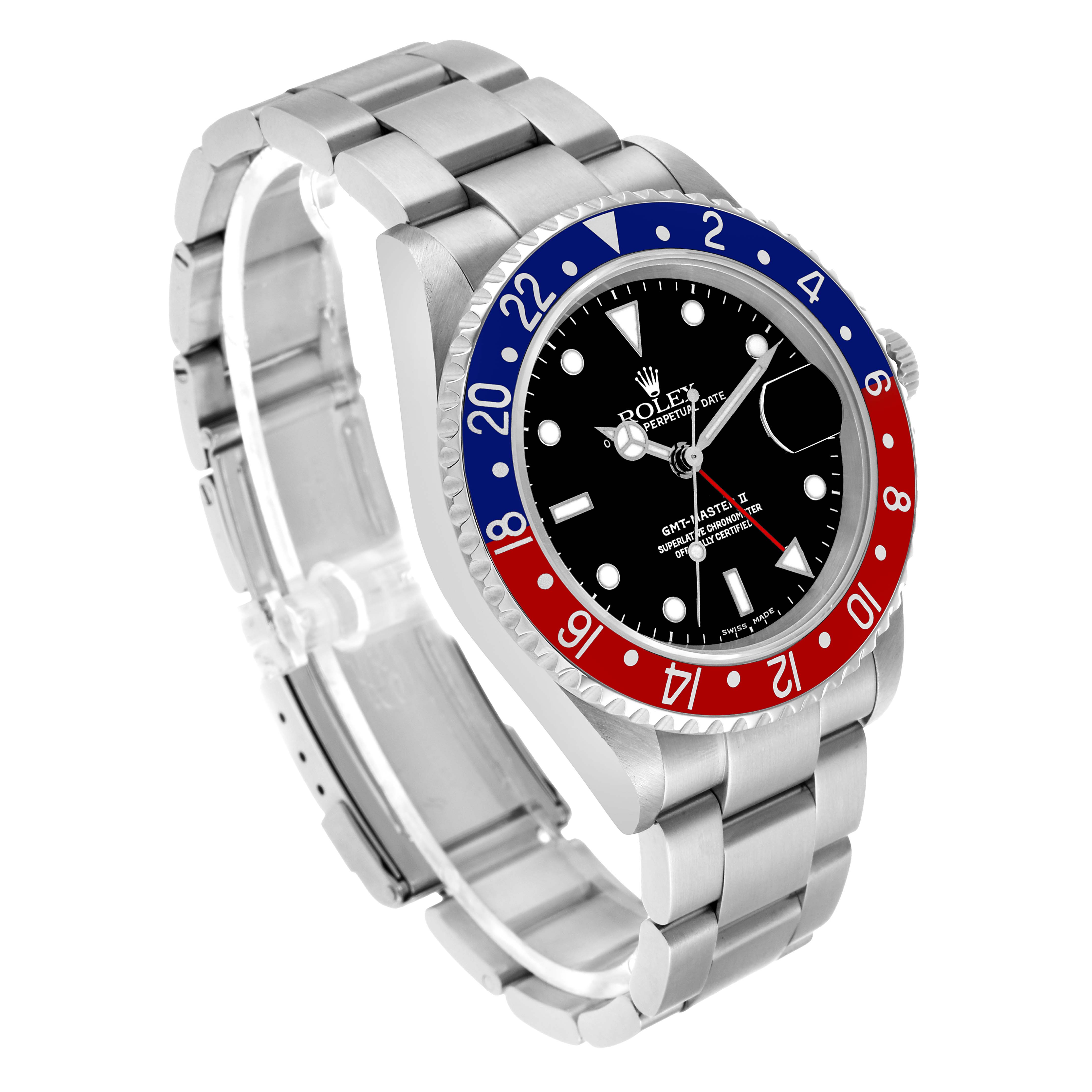 The Rolex GMT-Master 16710 Men's Stainless Steel Black Dial is shown at a three-quarter angle, displaying the bezel, dial, bracelet, and clasp.