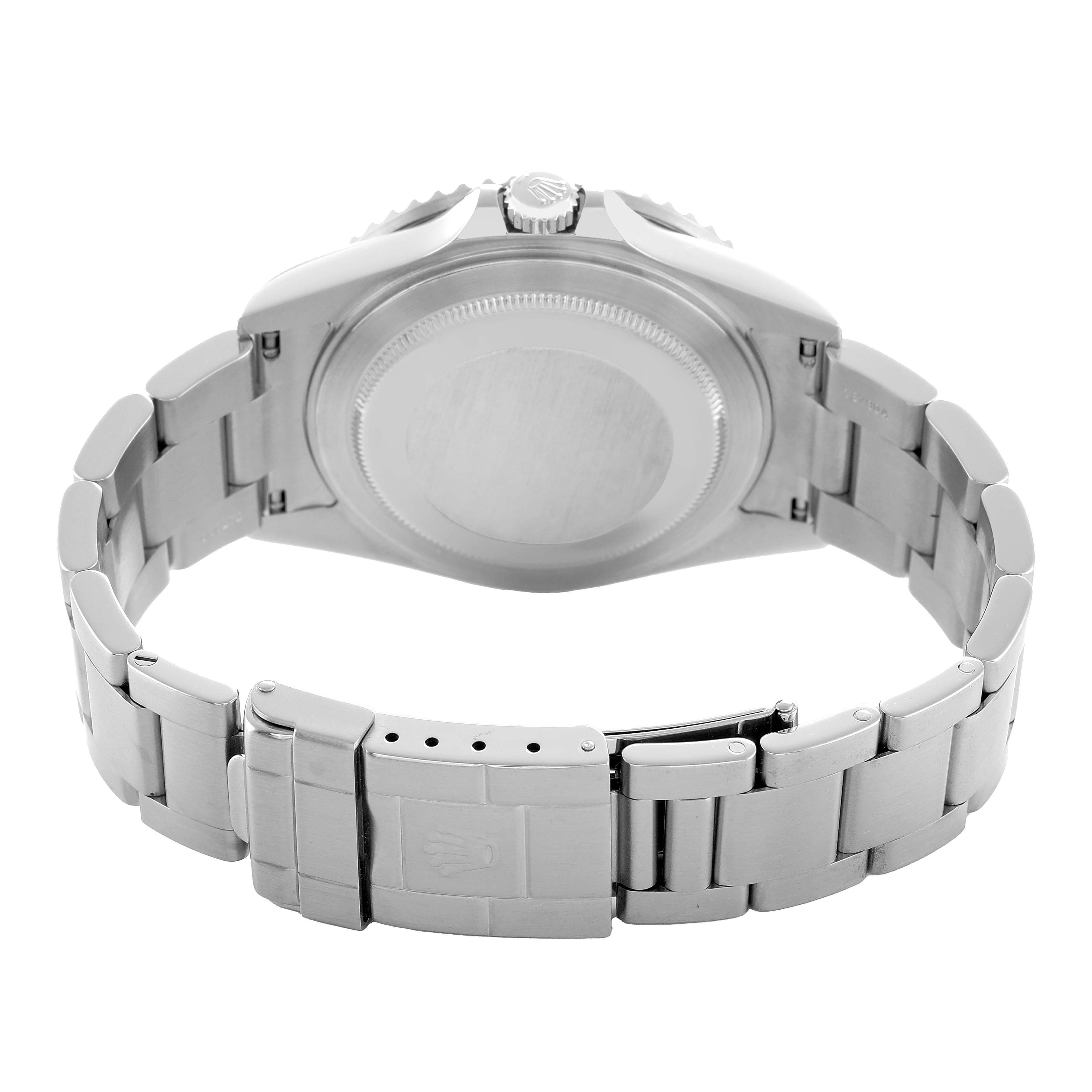 The image shows the back and bracelet of a Rolex GMT-Master 16710 Men's Stainless Steel Black Dial, including the clasp and crown.