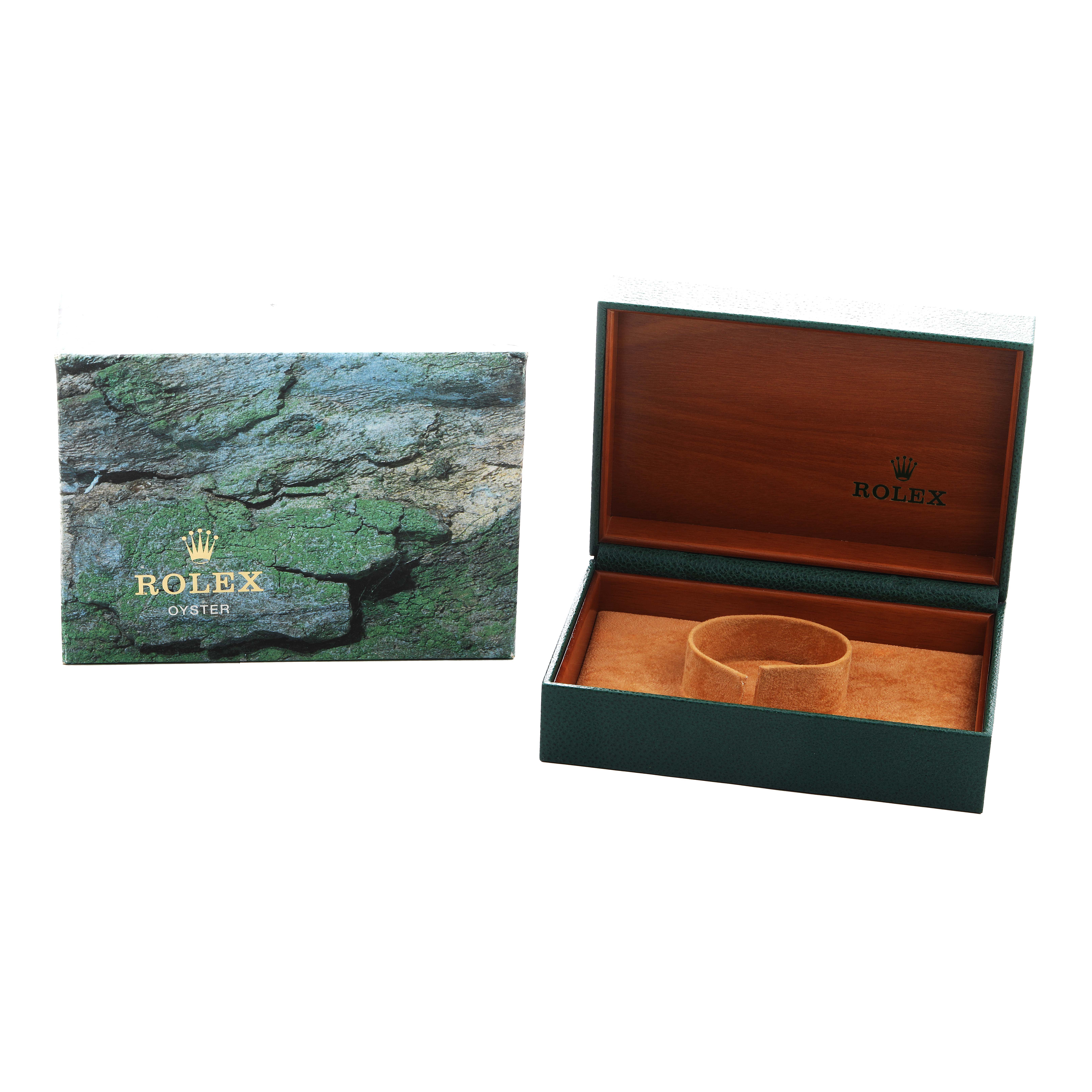 The image shows a Rolex GMT-Master 16710 Men's Stainless Steel Black Dial watch box and its open interior with a cushion, viewed from the front.