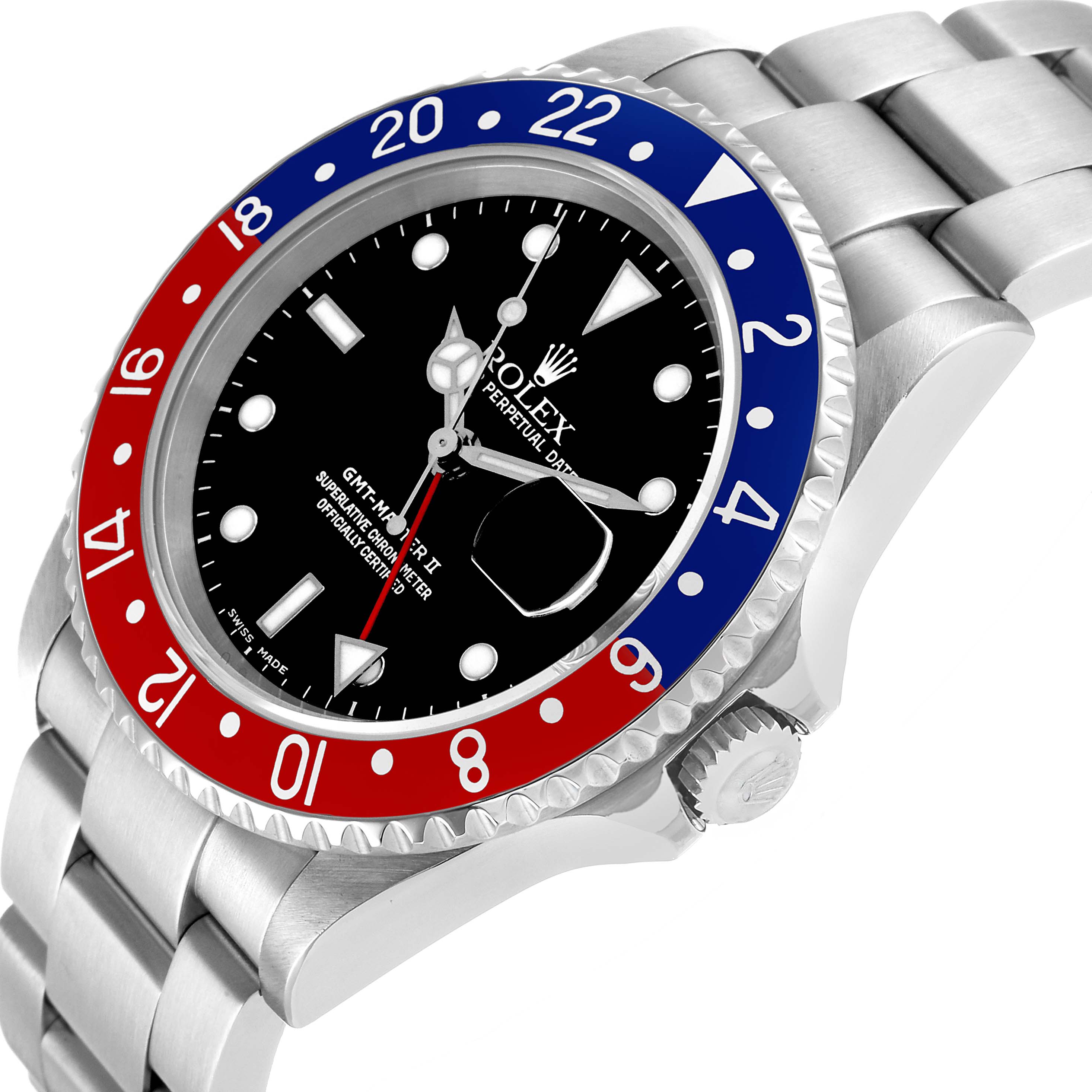 The Rolex GMT-Master 16710 Men's Stainless Steel Black Dial watch is shown at an angled close-up, highlighting the dial, bezel, and bracelet.