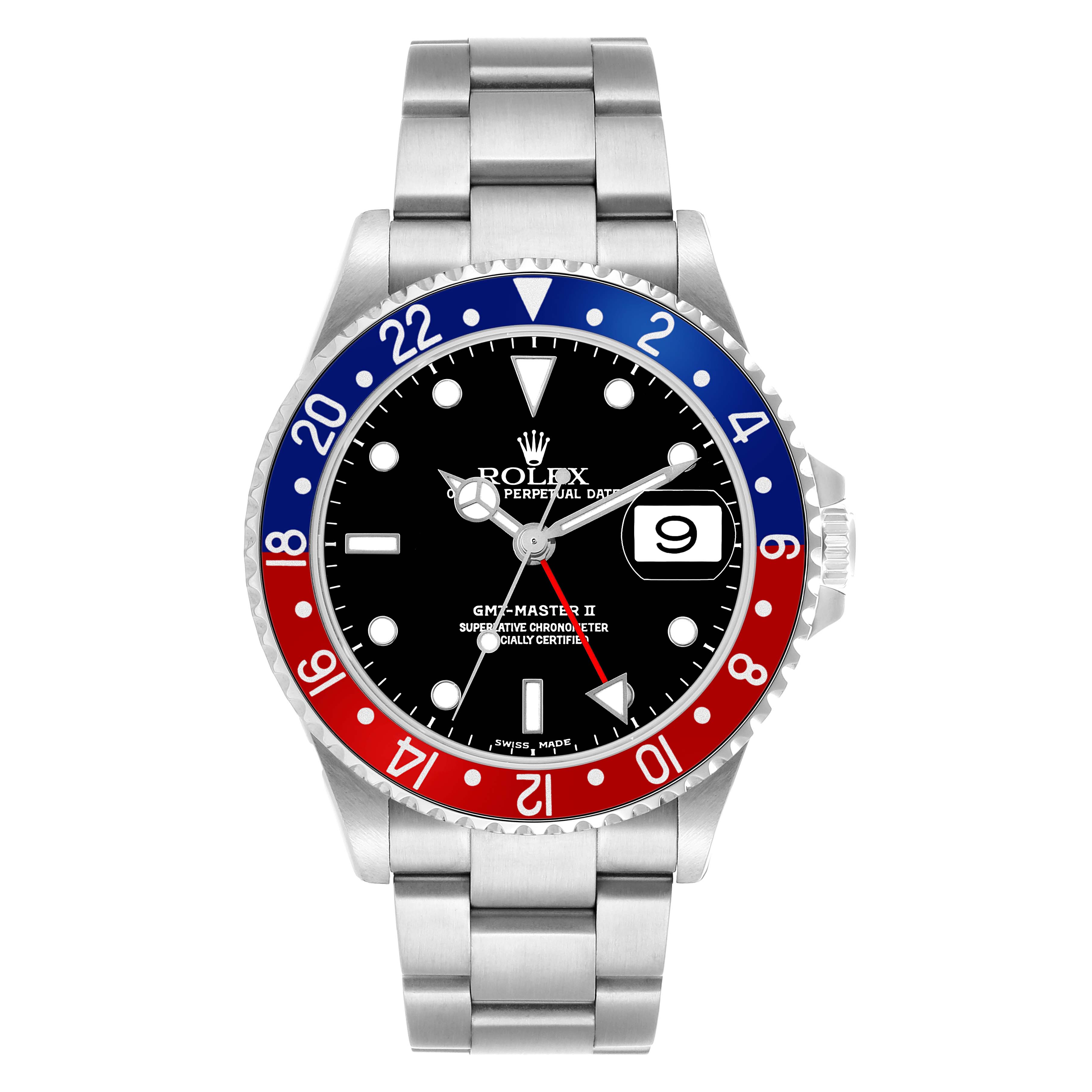 The image shows a Rolex GMT-Master 16710 Men's Stainless Steel Black Dial II watch from the front, displaying the bezel, dial, hands, date window, and bracelet.