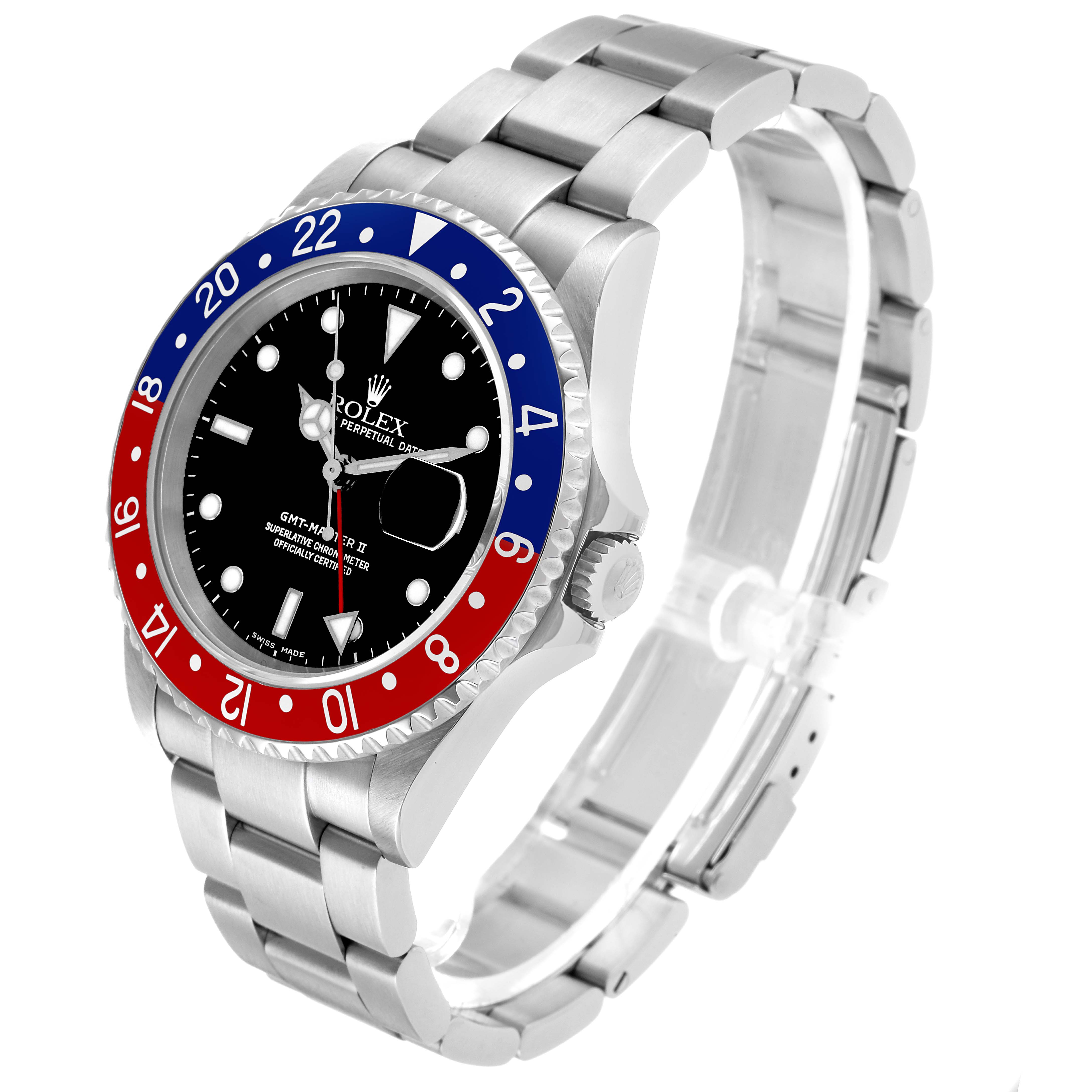 The Rolex GMT-Master 16710 Men's Stainless Steel Black Dial watch is shown at a three-quarter angle, displaying its bezel, dial, case, and bracelet.