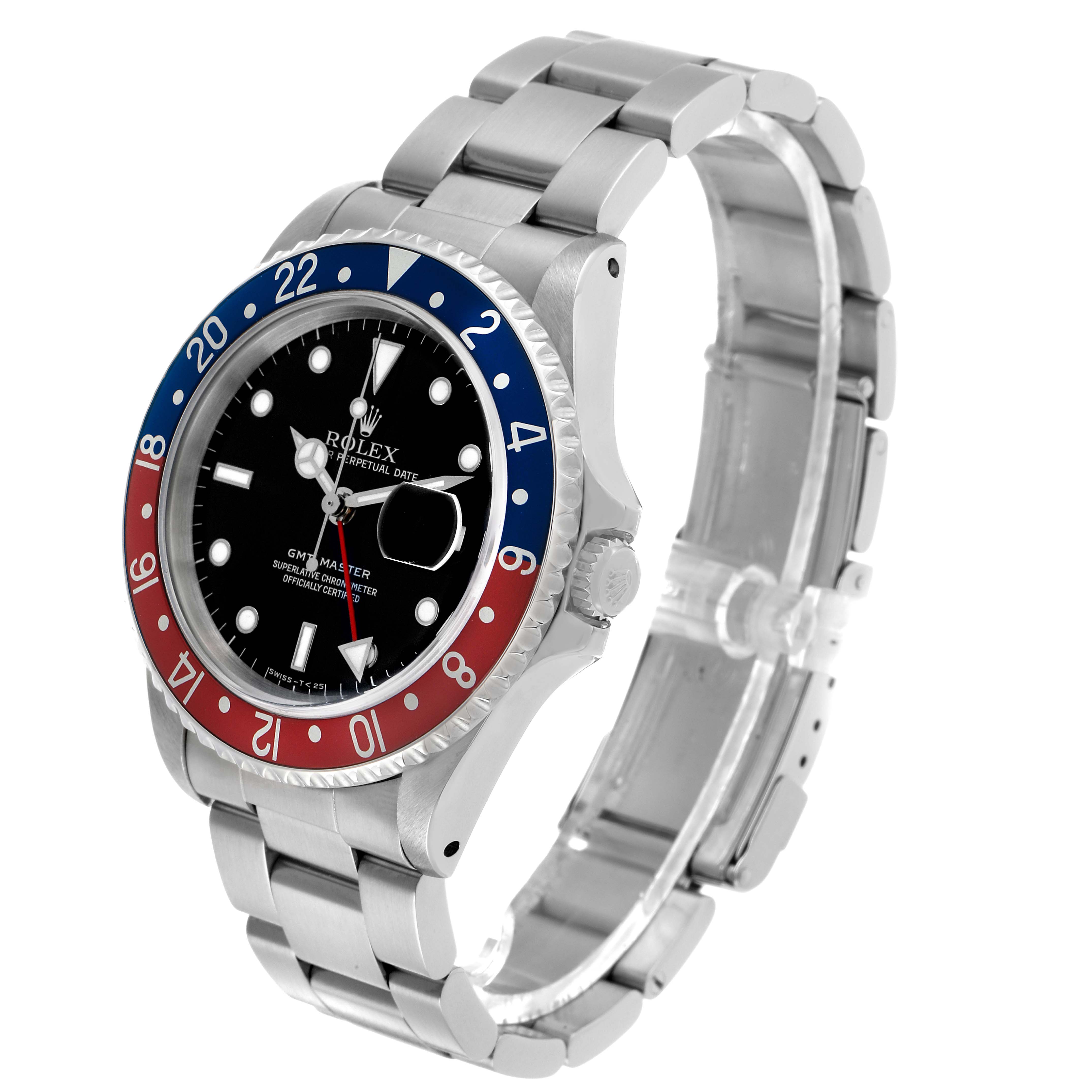 The Rolex GMT-Master 16700 Men's Stainless Steel Black Dial watch is shown from an angled top-front view, highlighting the bezel, dial, and bracelet.