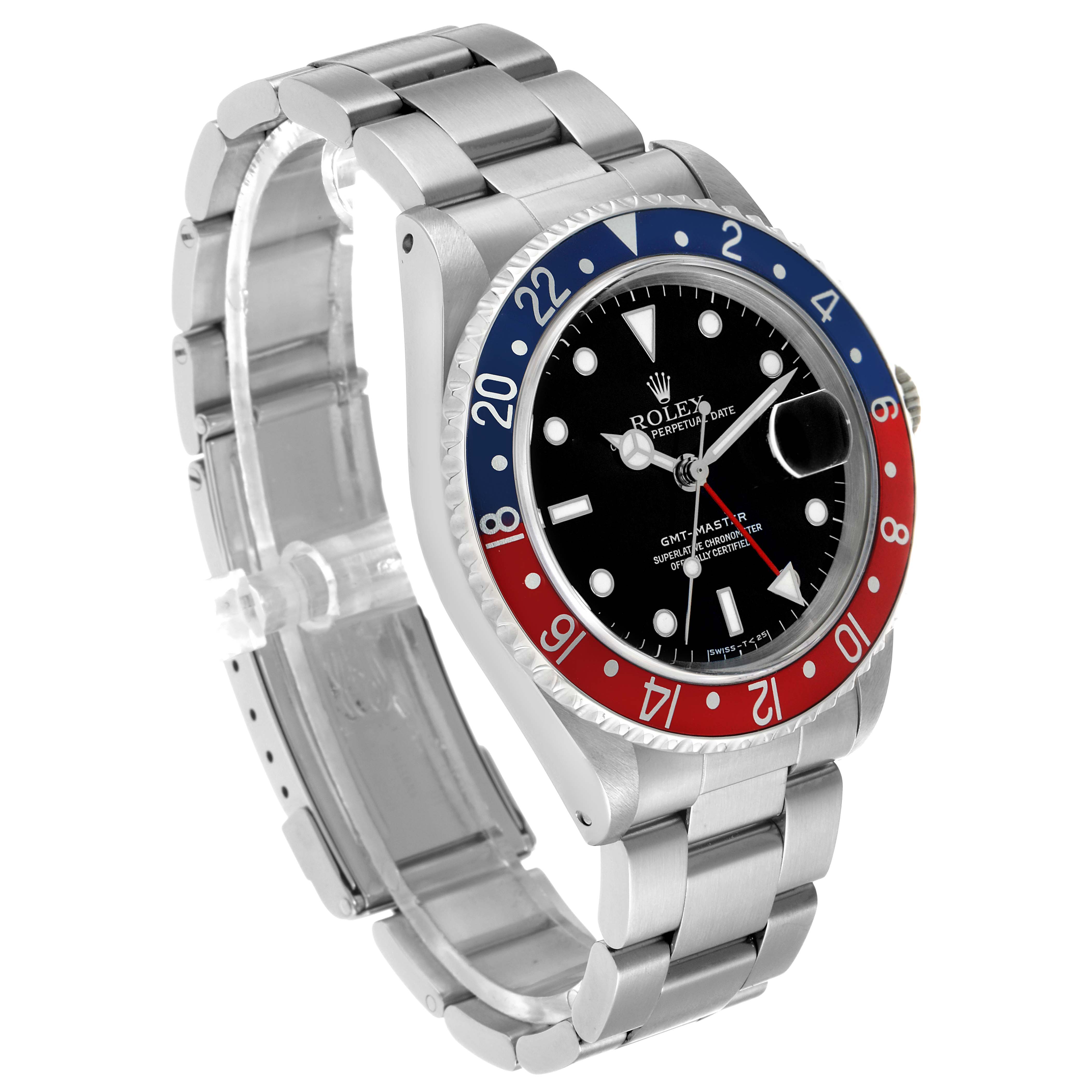 The Rolex GMT-Master 16700 Men's Stainless Steel Black Dial watch is shown from a slightly elevated angle, displaying the face, bezel, and bracelet.