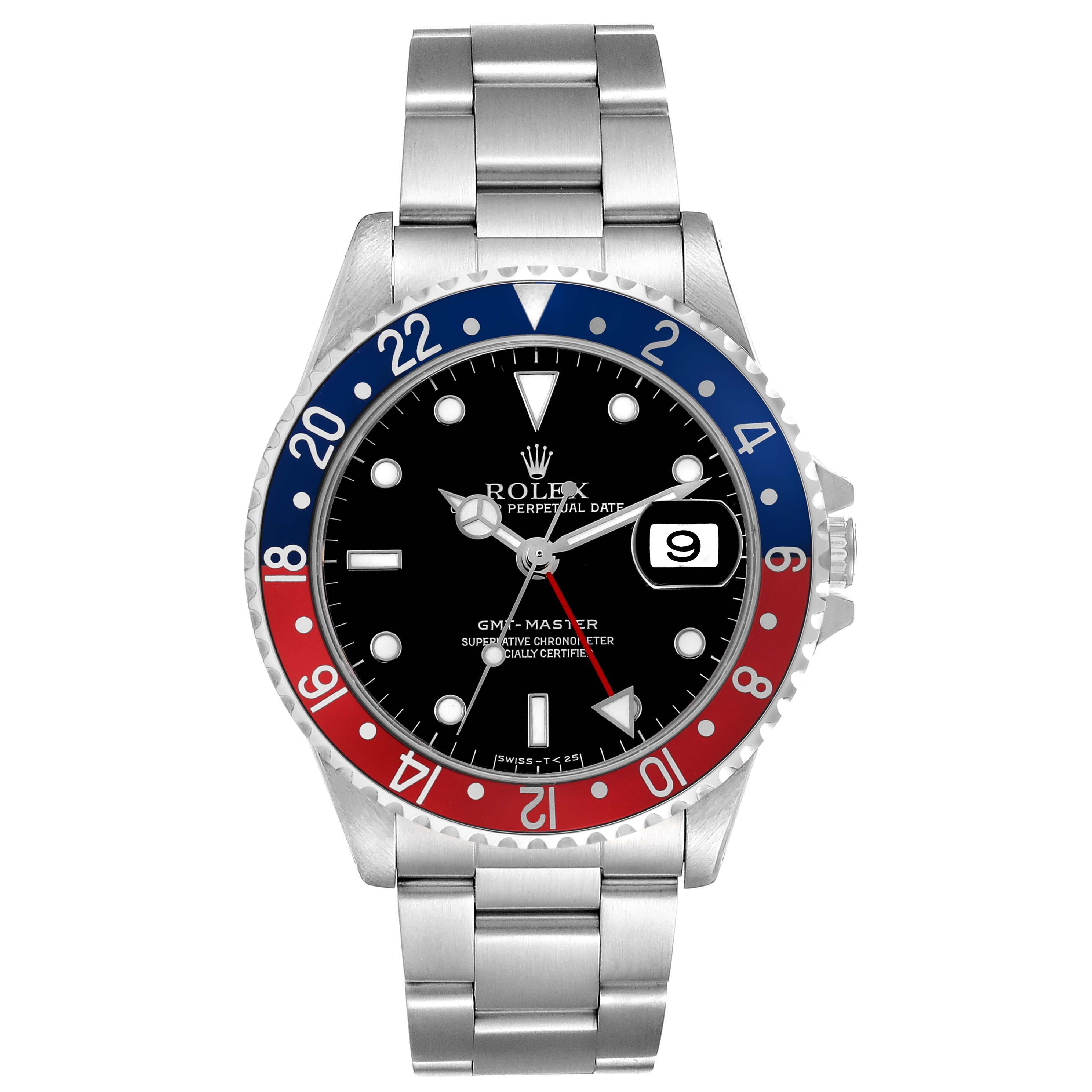 The image shows a front view of a Rolex GMT-Master 16700 Men's Stainless Steel Black Dial watch with a red and blue bezel and stainless steel bracelet.