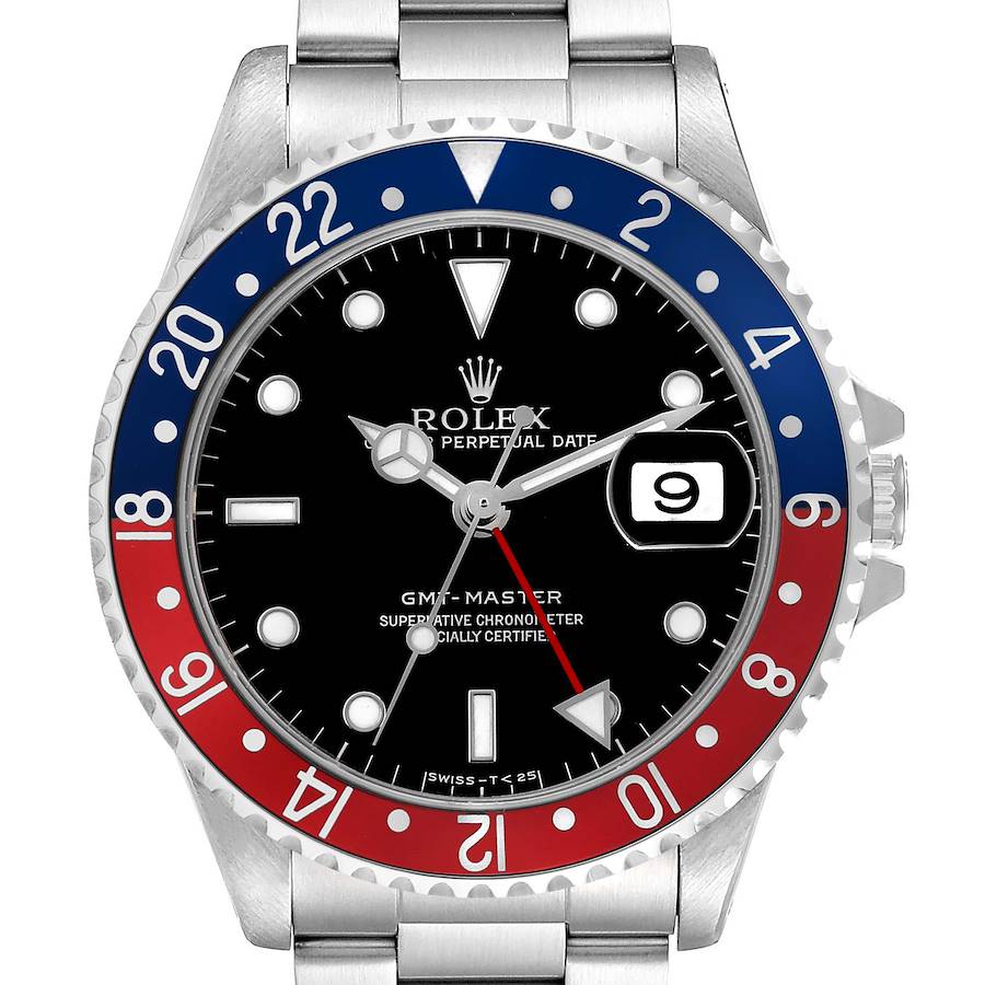 The Rolex GMT-Master 16700 Men's Stainless Steel Black Dial is shown from a front angle, displaying its bezel, dial, and part of the bracelet.
