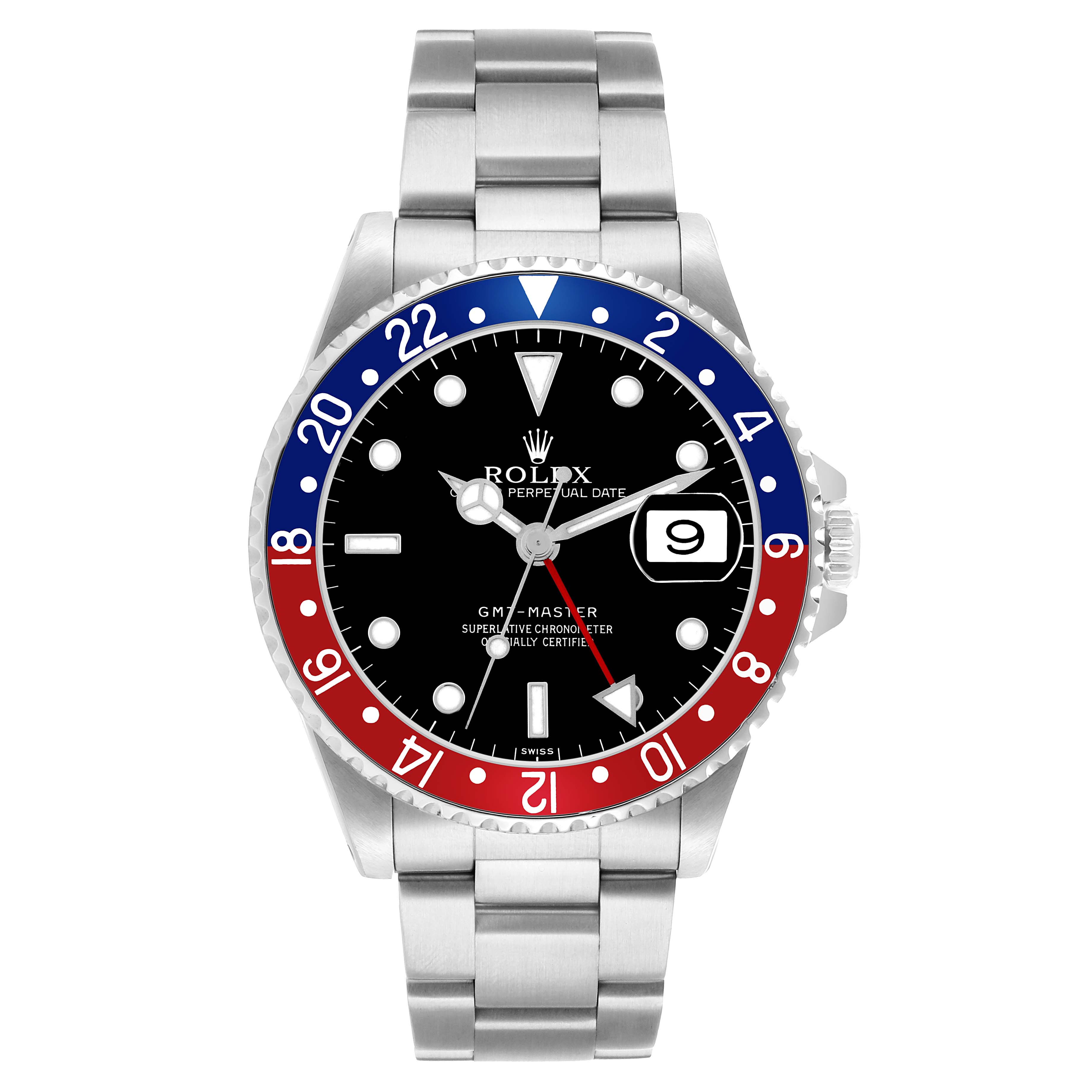 The Rolex GMT-Master 16700 Men's Stainless Steel Black Dial watch is shown from a top-down angle, displaying the entire face, bezel, and bracelet.