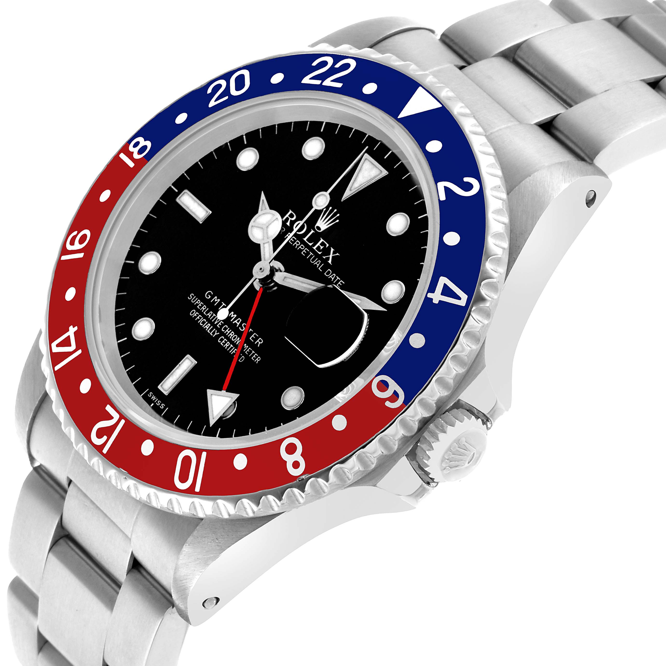 The Rolex GMT-Master 16700 Men's Stainless Steel Black Dial watch is shown from a three-quarter angle, highlighting the bezel, dial, case, and bracelet.