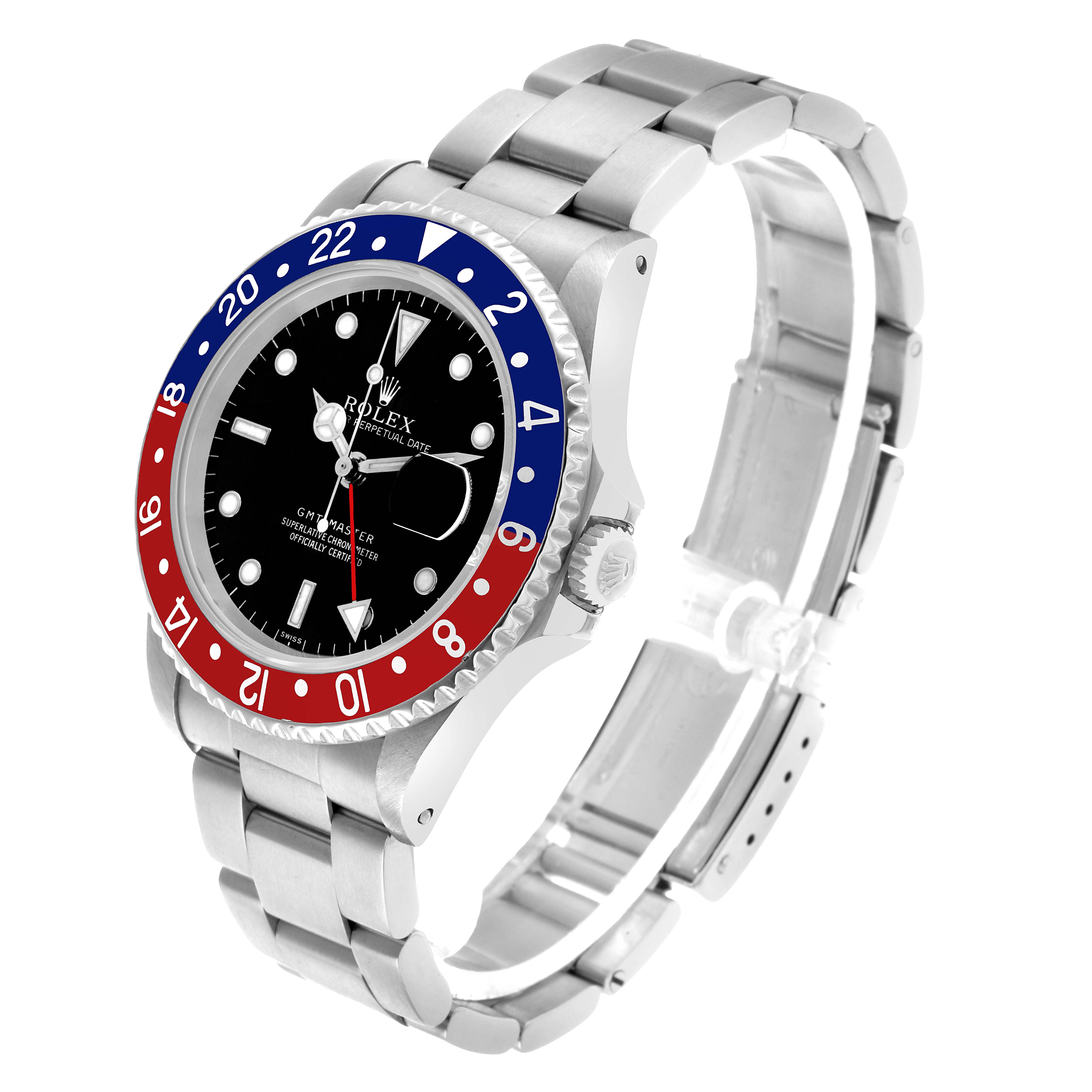 The image shows a Rolex GMT-Master 16700 Men's Stainless Steel Black Dial watch at a three-quarter angle, highlighting the bezel, dial, bracelet, and clasp.