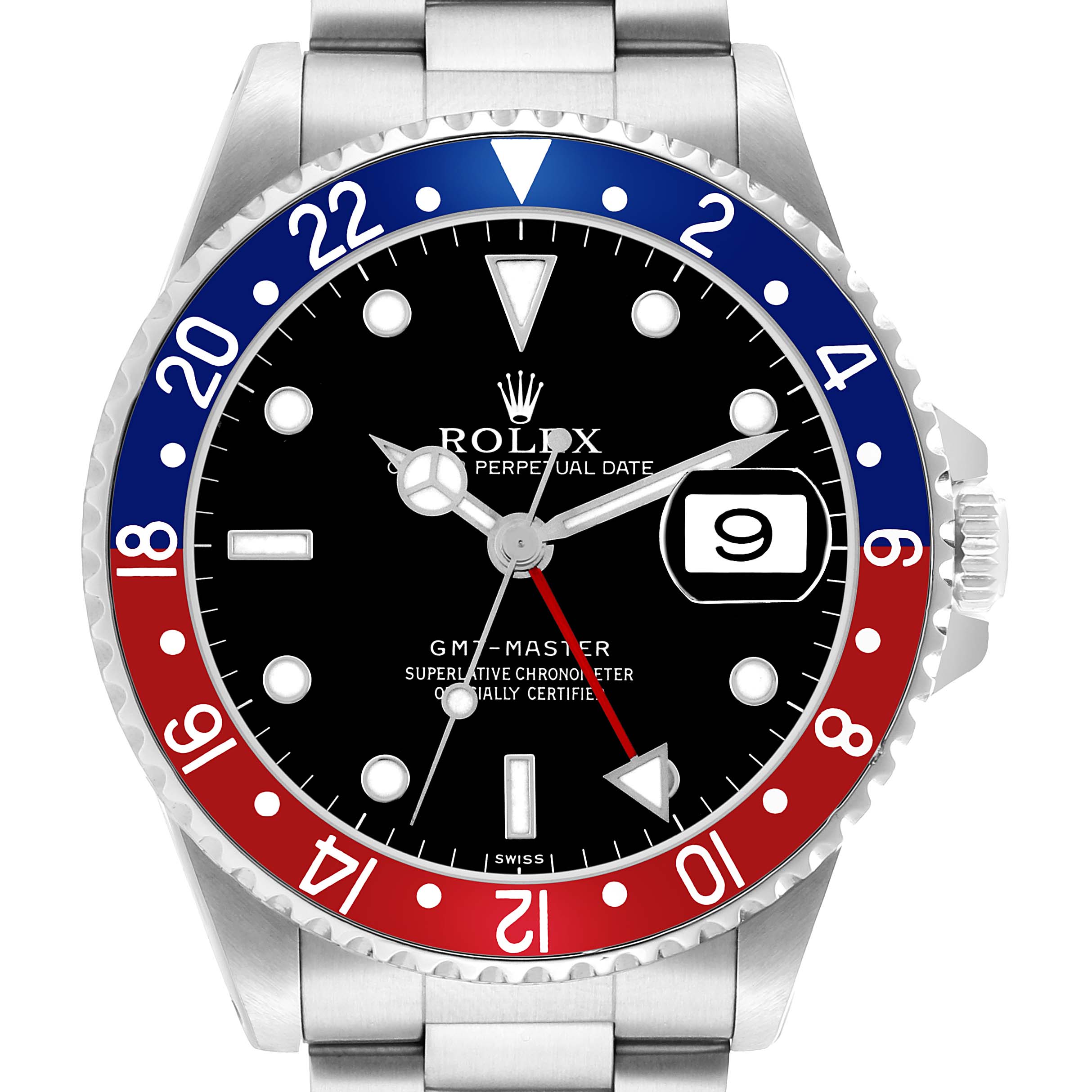The Rolex GMT-Master 16700 Men's Stainless Steel Black Dial watch is shown from the front, highlighting the bezel, dial, and date window.