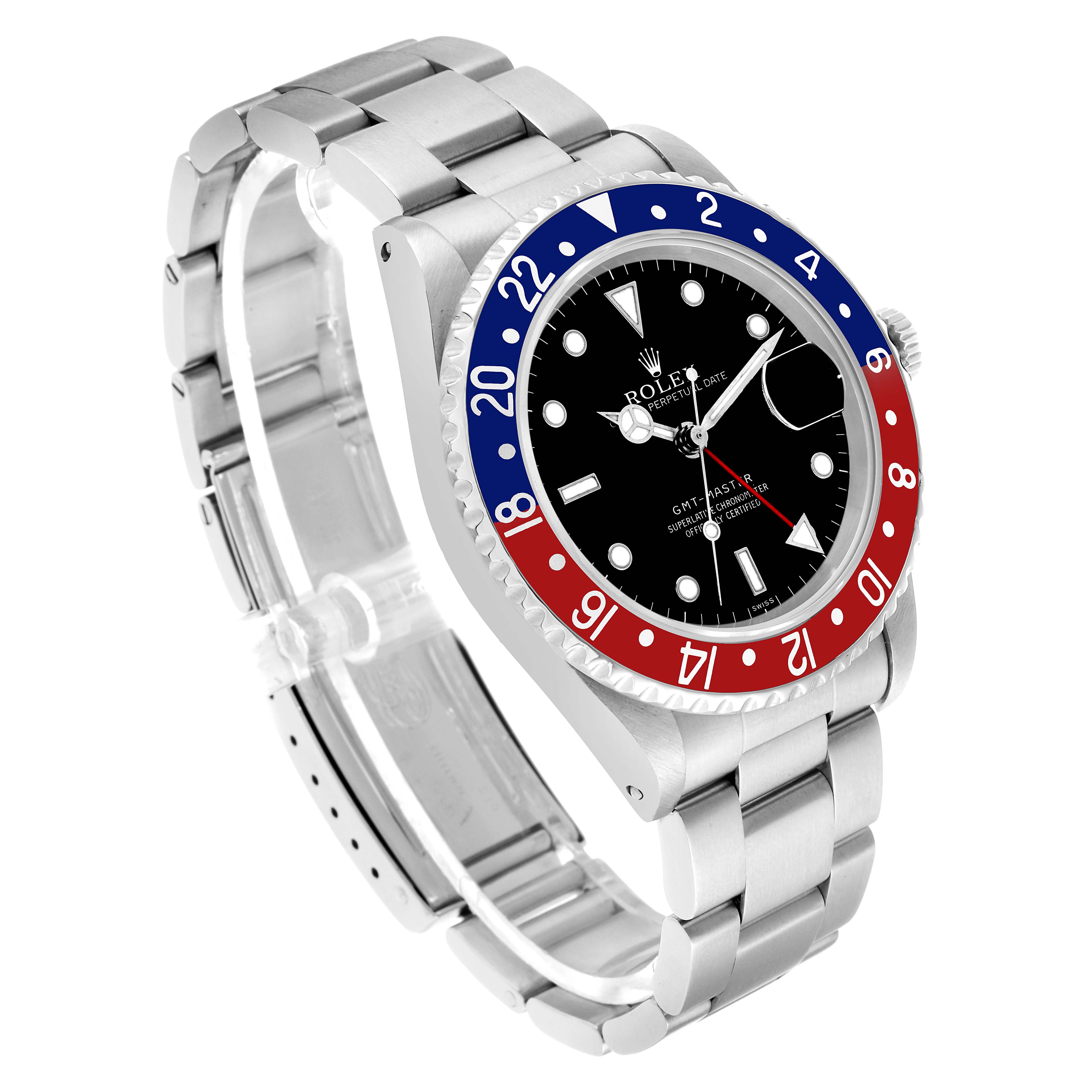 The Rolex GMT-Master 16700 Men's Stainless Steel Black Dial watch is shown from an angled side view, highlighting its bezel, dial, bracelet, and crown.