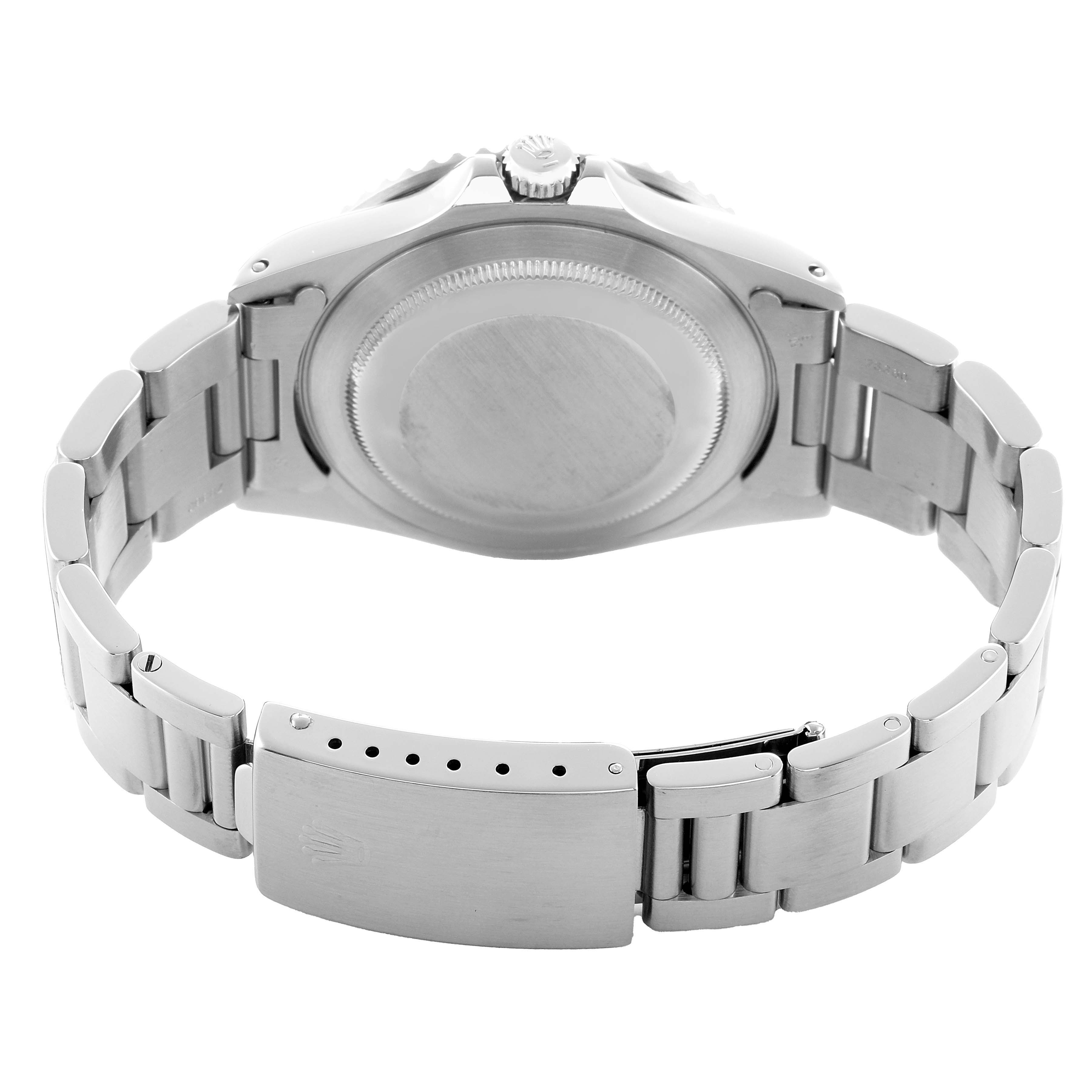 The Rolex GMT-Master 16700 Men's Stainless Steel Black Dial watch is shown from the back, highlighting the case back, bracelet, and clasp.