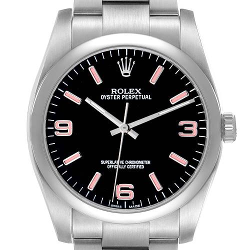 The Rolex Oyster Perpetual 116000 Men's Stainless Steel Black Dial watch is shown from the front, displaying the dial, hands, and bracelet links.