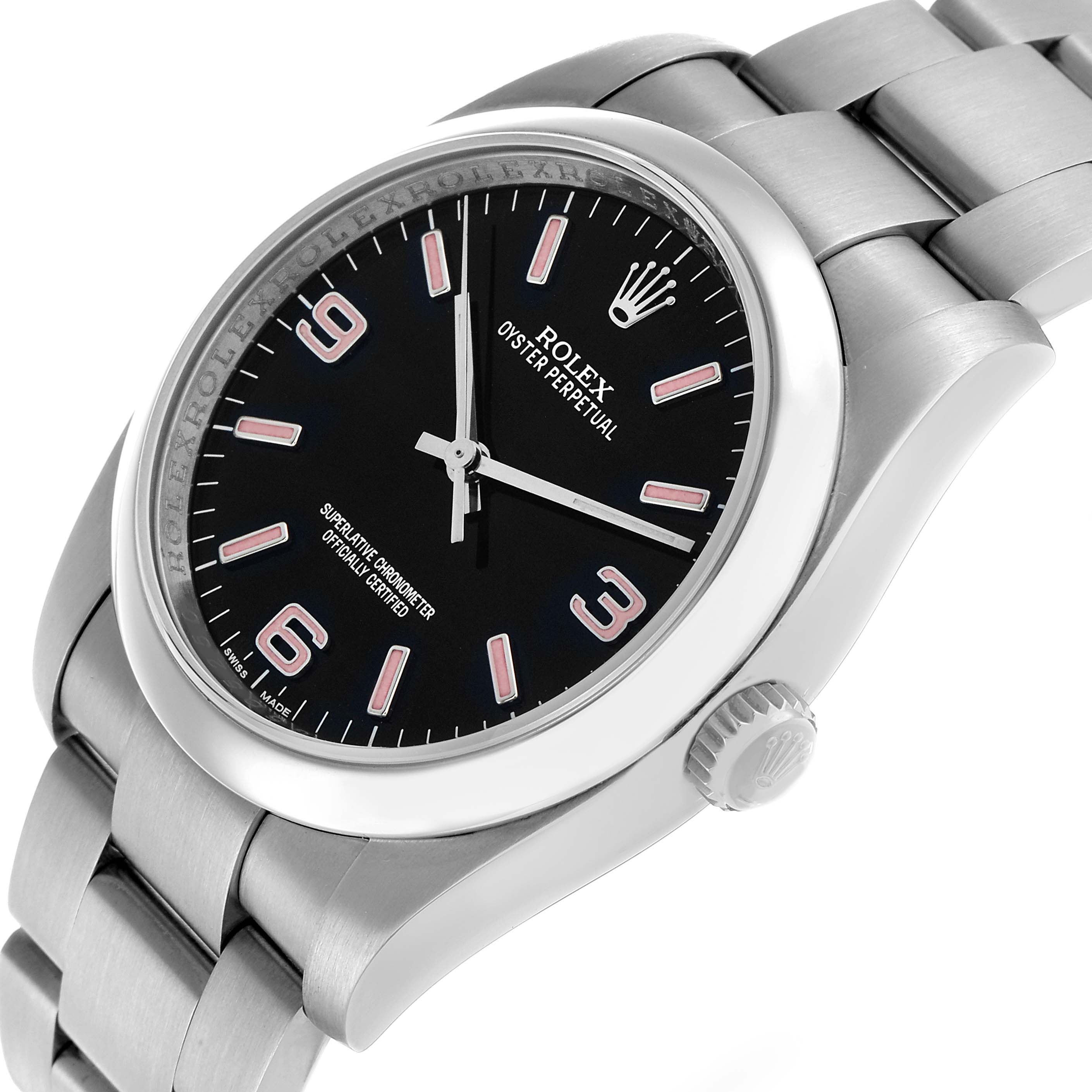 The Rolex Oyster Perpetual 116000 Men's Stainless Steel Black Dial watch is shown at an angled side view, displaying the dial, bezel, crown, and part of the bracelet.