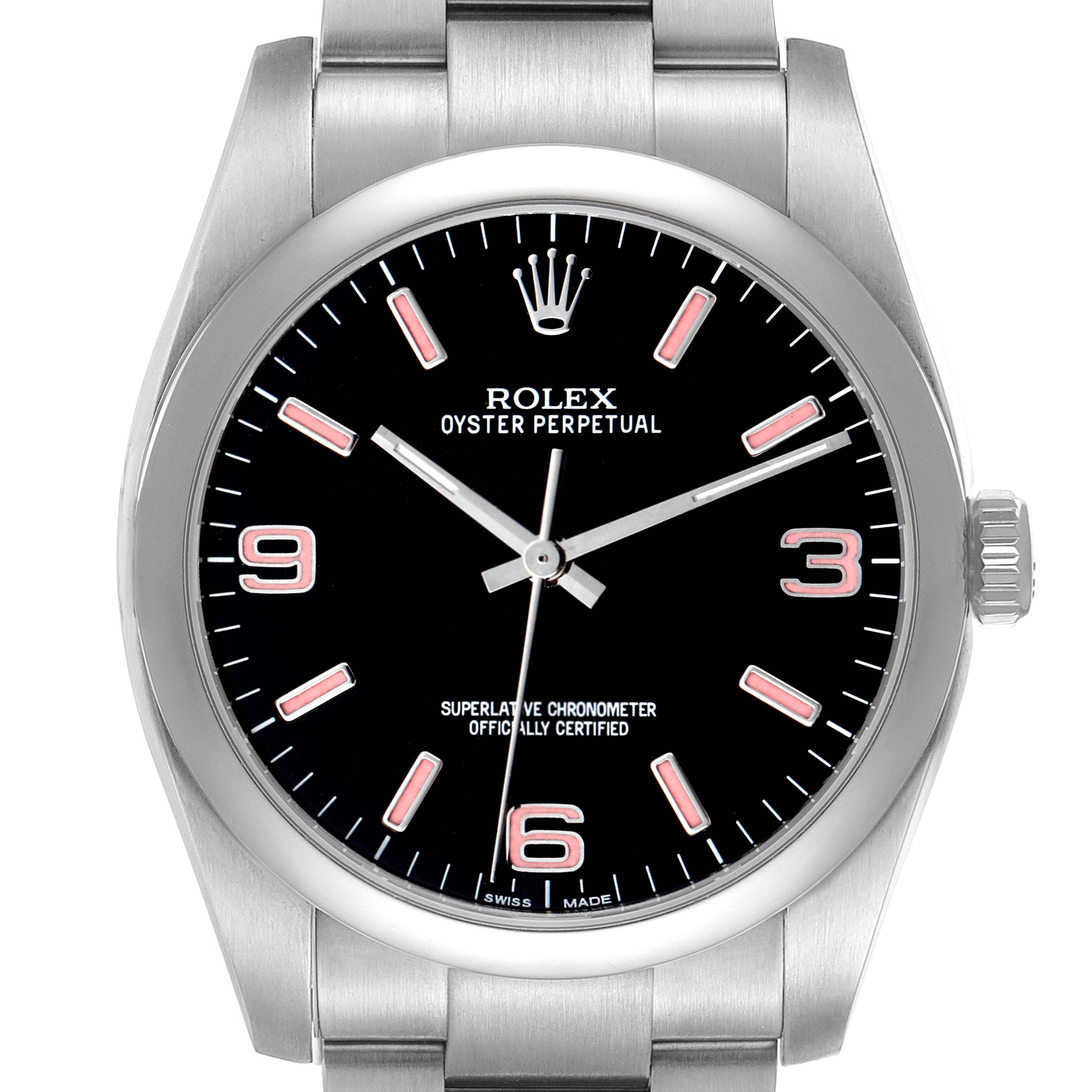 The Rolex Oyster Perpetual 116000 Men's Stainless Steel Black Dial watch is shown from the front, highlighting its dial, hands, markers, and part of the metal bracelet.