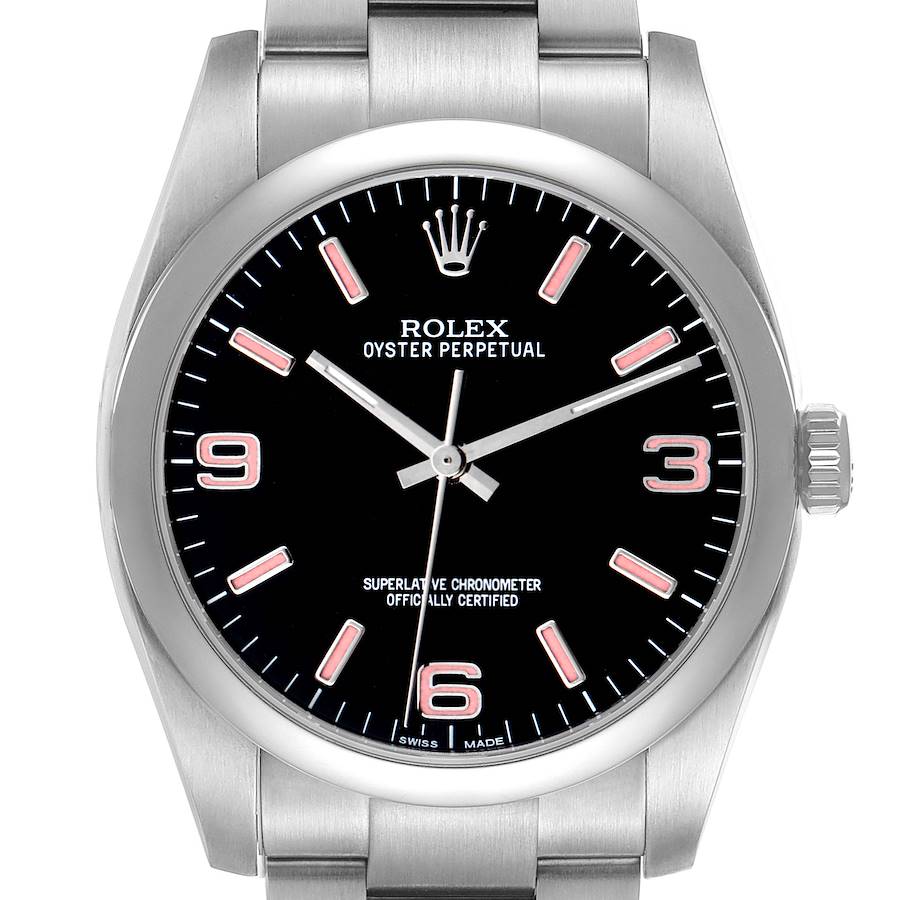 The Rolex Oyster Perpetual 116000 Men's Stainless Steel Black Dial watch is shown from the front, highlighting its dial, hands, markers, and part of the metal bracelet.